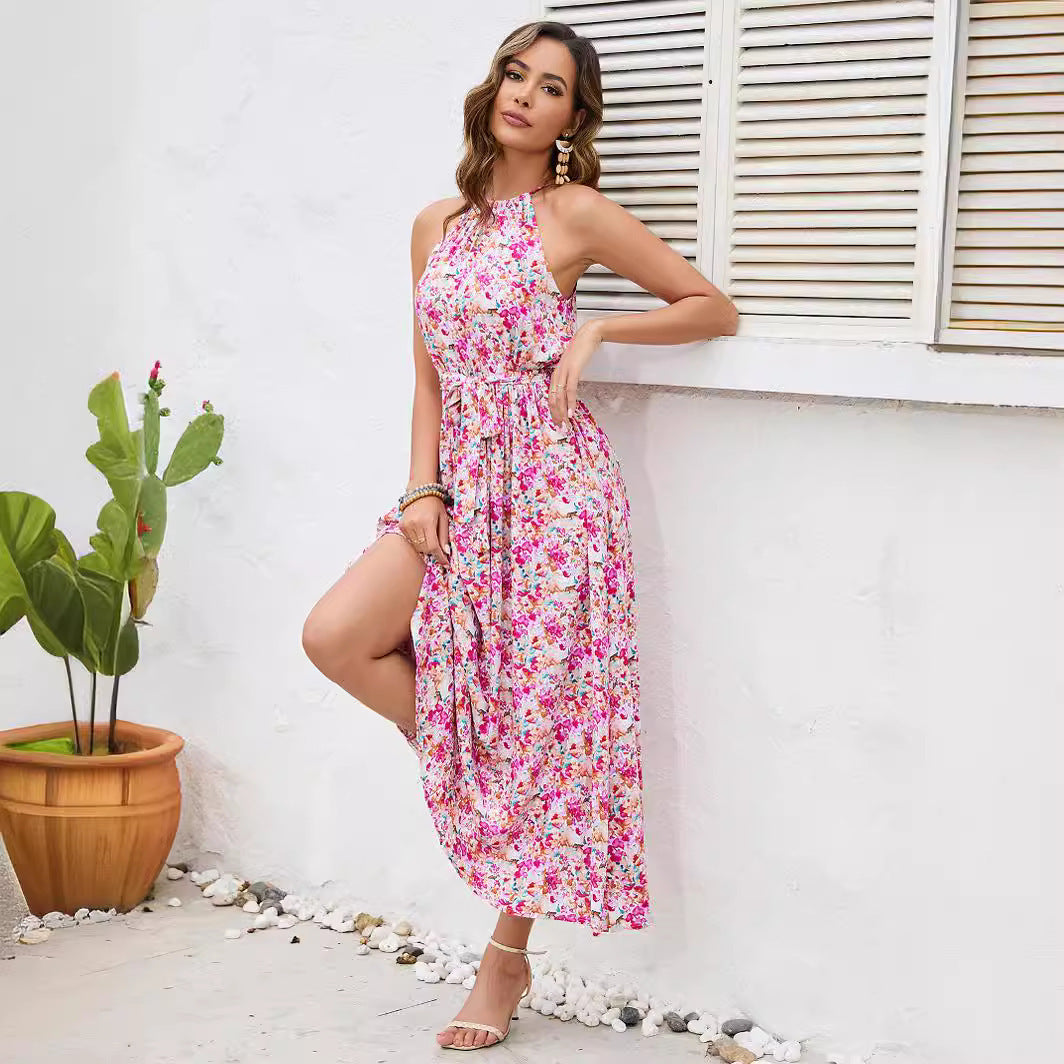 Off-shoulder Halter Sling Rayon Printed Lace Up Large Swing Dress