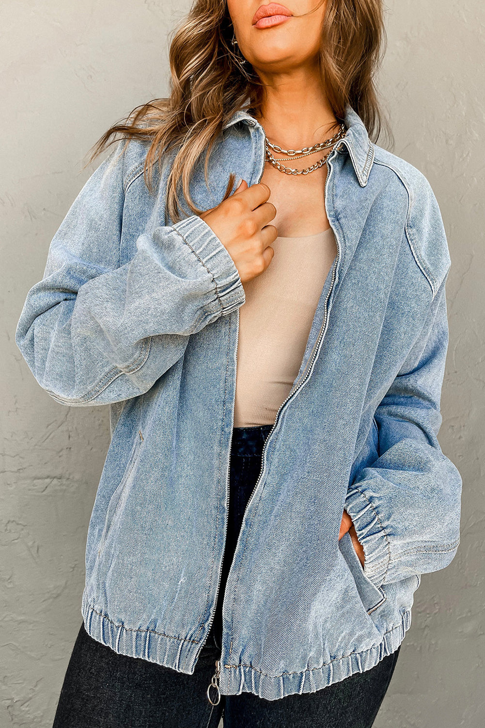 Myosotis Elastic Hem Collared Zip Up Denim Jacket