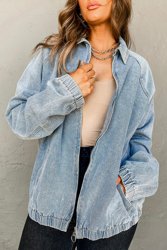Myosotis Elastic Hem Collared Zip Up Denim Jacket
