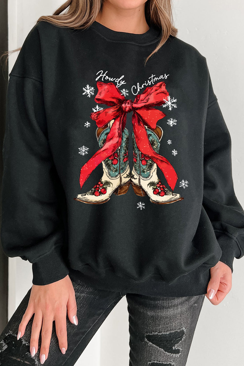 Black Howdy Christmas Ribbon Bow Knot Western Boots Graphic Sweatshirt