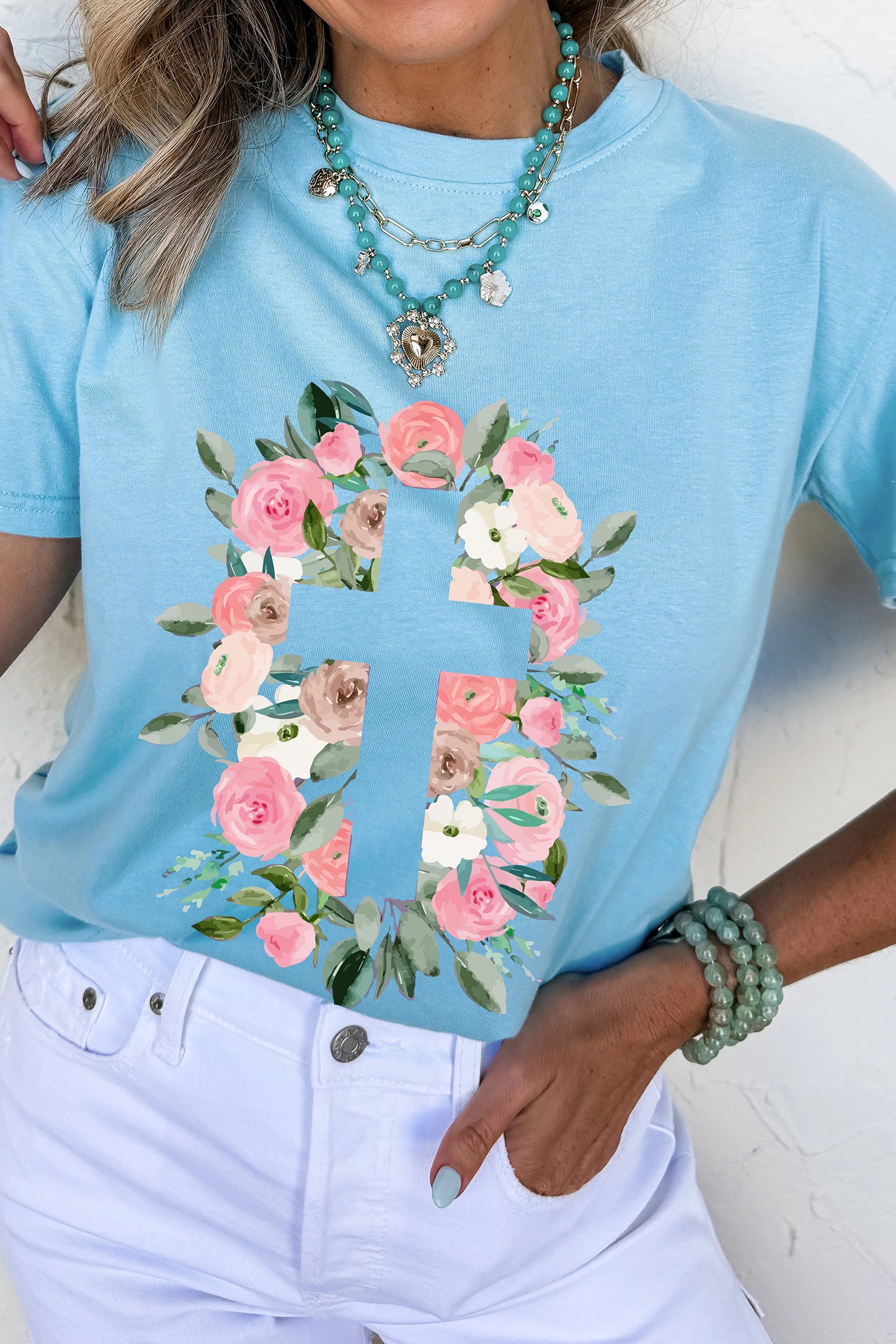 Light Blue Floral Printed Faith Easter Graphic Tee
