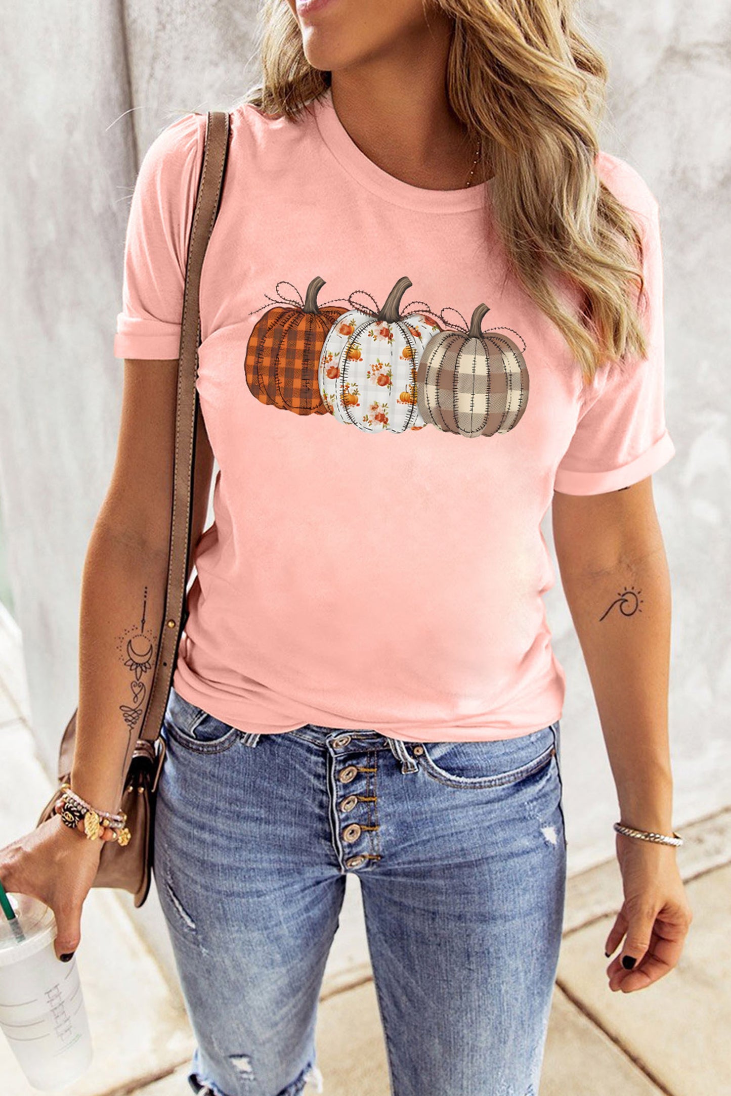 Pink Mix Pattern Pumpkin Print Round Neck T Shirt