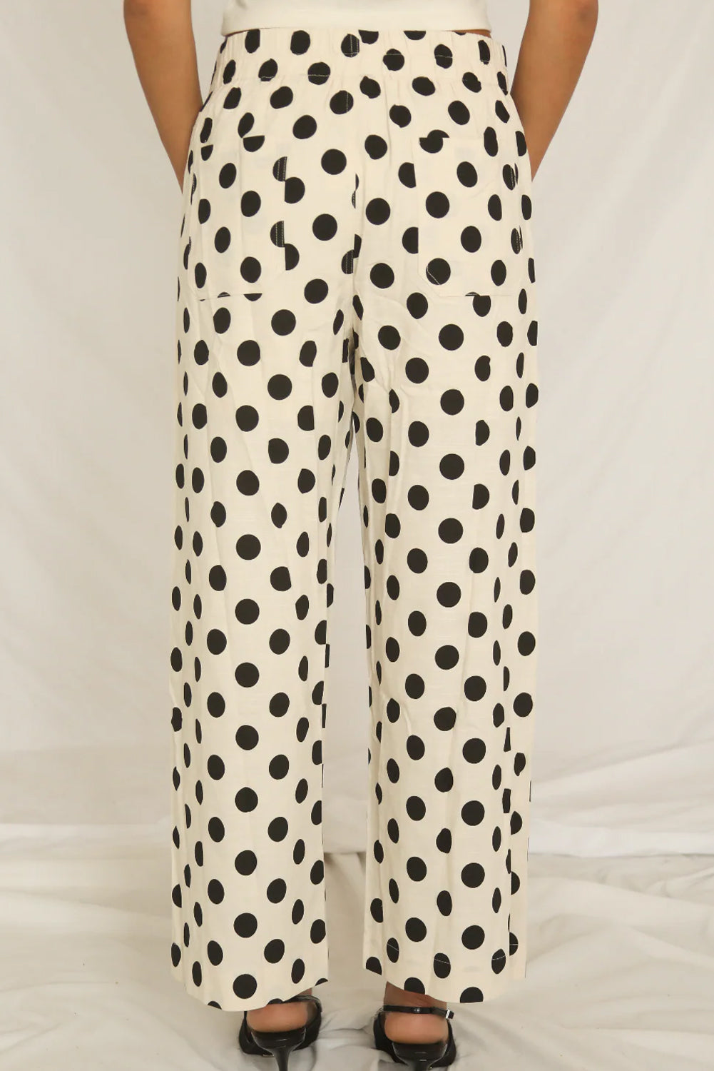 White Polka Dot Print Patched Pocket Loose Pants