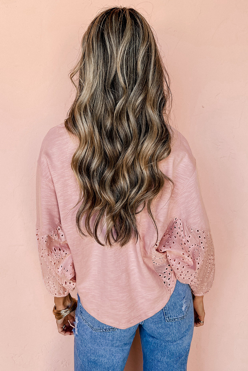 Light Pink Keyhole Notch V Neck Batwing Sleeve Blouse