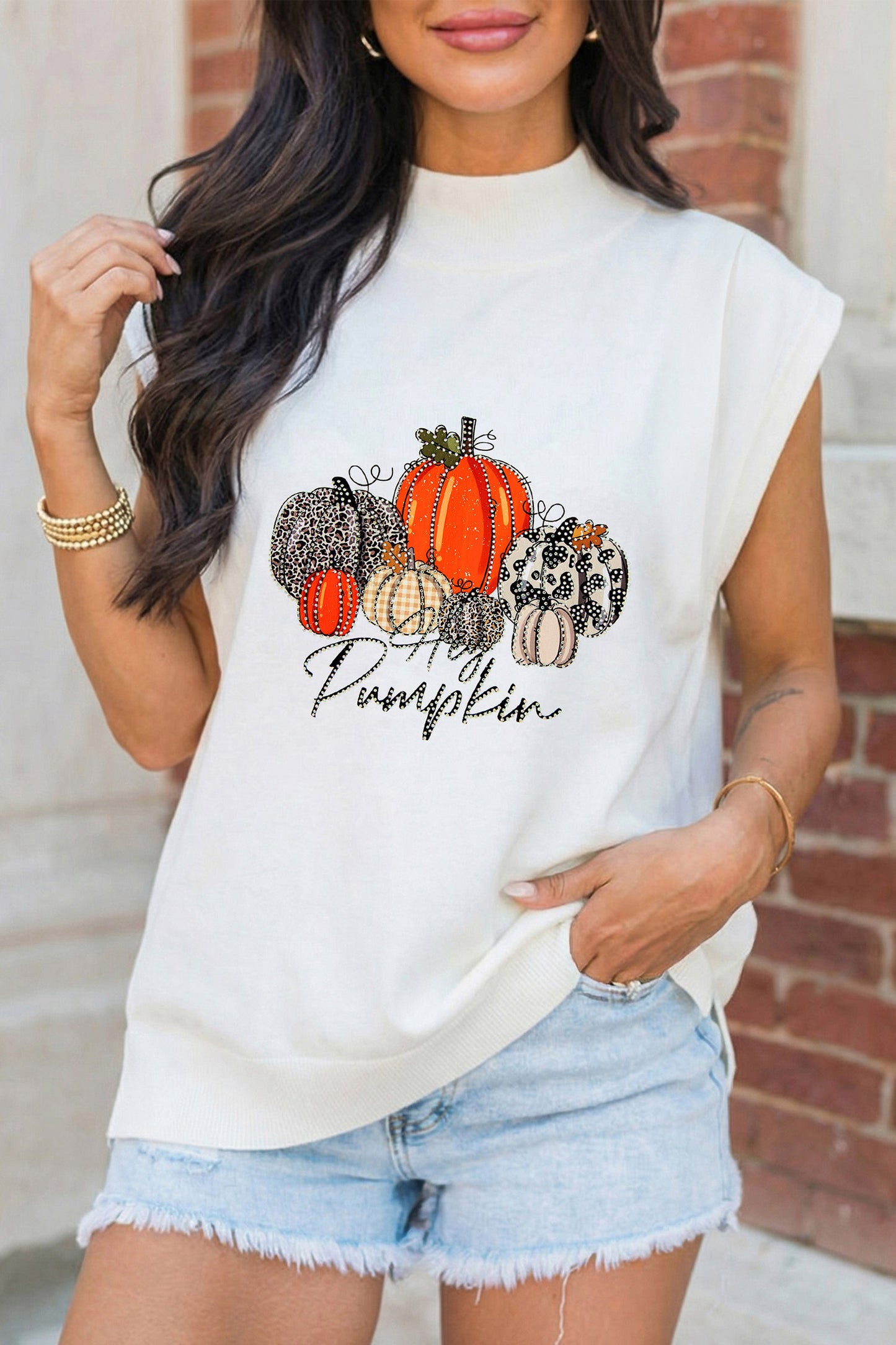 White Rhinestone Embellished Pumpkin Graphic High Neck Cap Sleeve Top