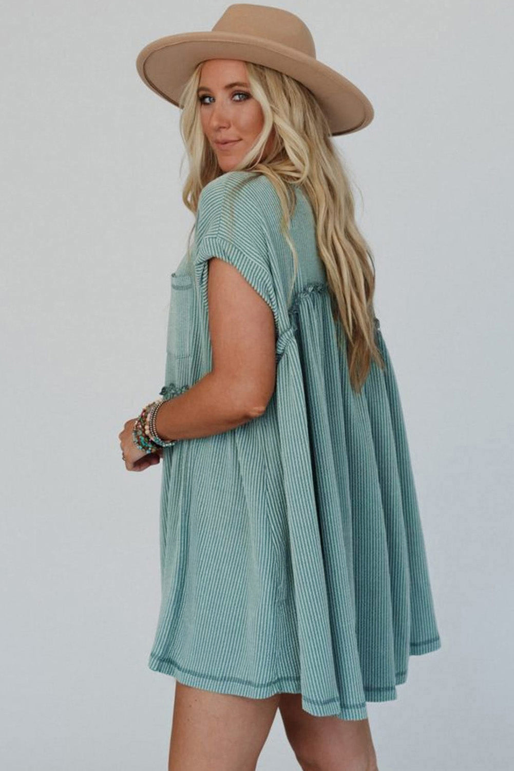 Canton Corded Knit Textured Patched Pocket Frilled Swing Mini Dress with Pockets