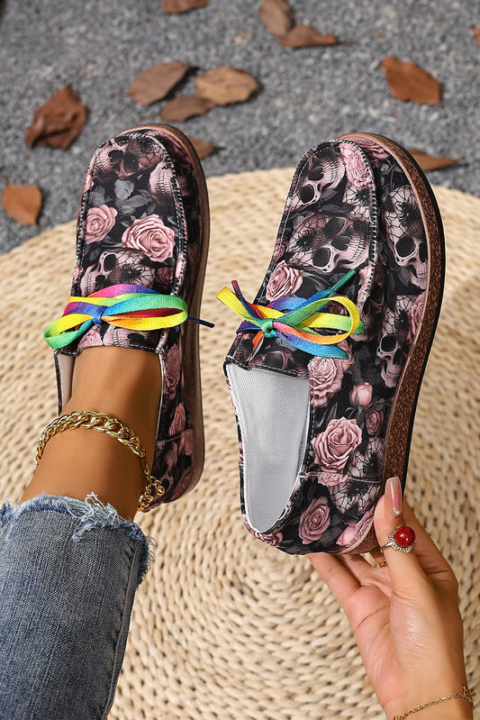 Bonbon Skull Rose Print Lace Up Sneakers