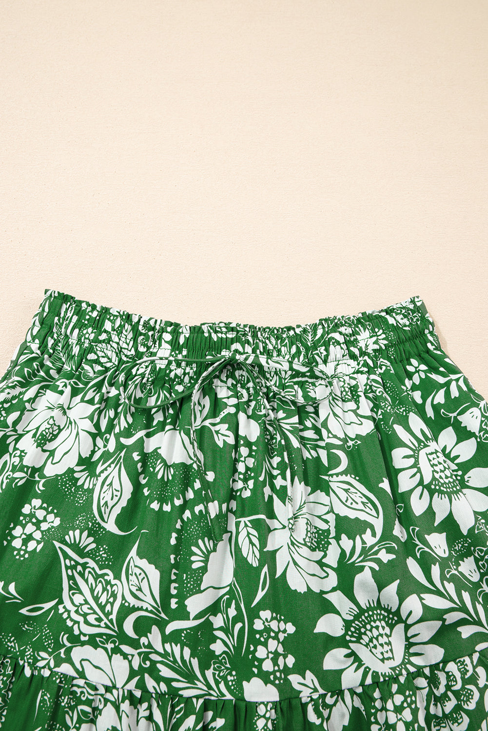 Green Floral Print Shirred Crop Top and High Waist Midi Skirt Set