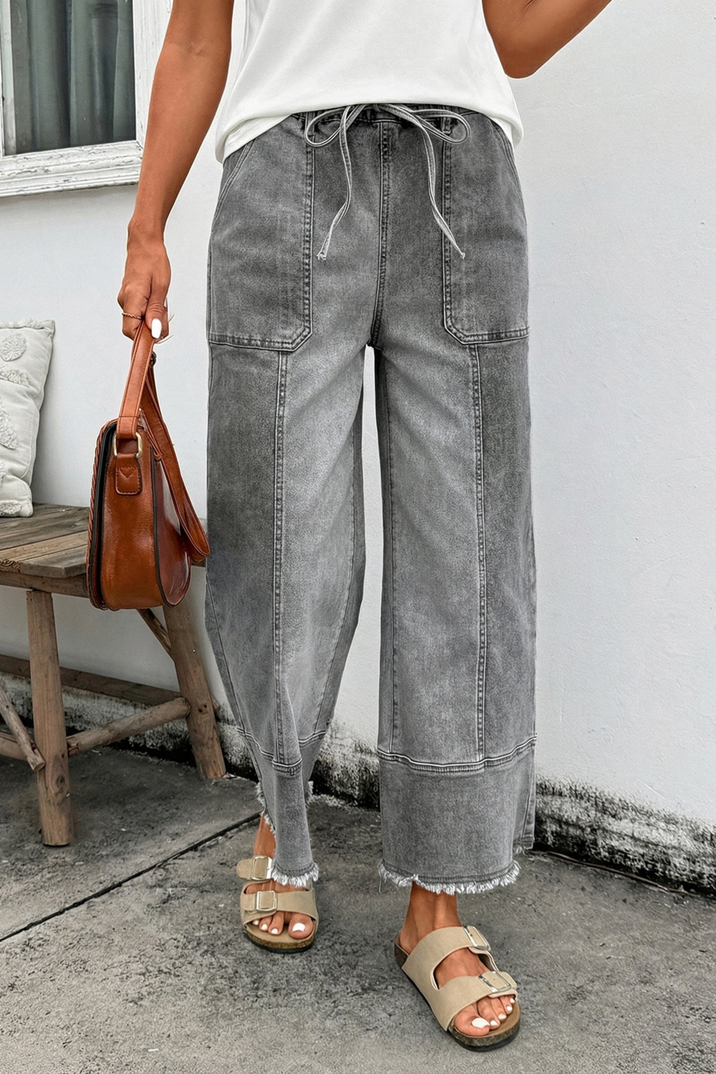 Prussian Blue Drawstring Seam Detail Raw Hem Wide Leg Denim Pants