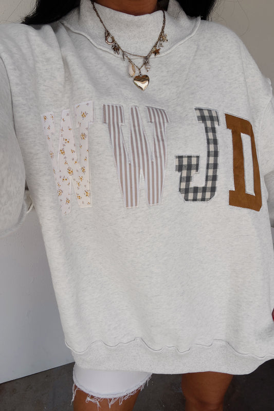 Gray WWJD Mixed Pattern Embroidered Patch Graphic Mock Neck Sweatshirt