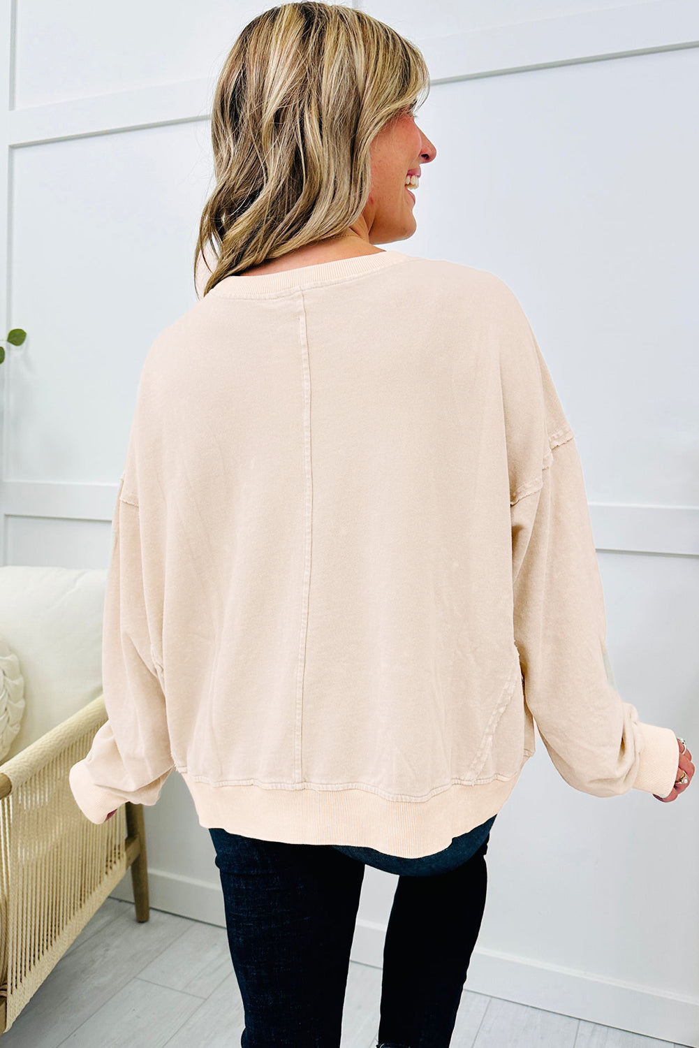Beige Flower Pattern Round Neck Long Sleeve Plus Size Top