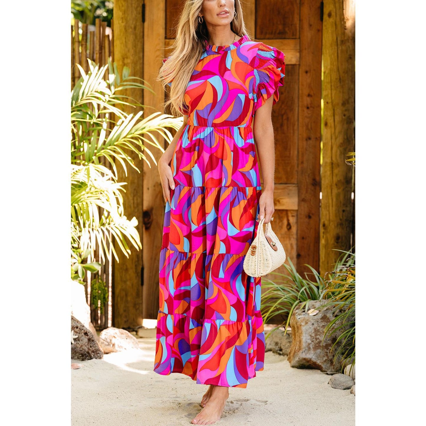 Orange Abstract Printed High Waist Ruffle Tiered Long Dress