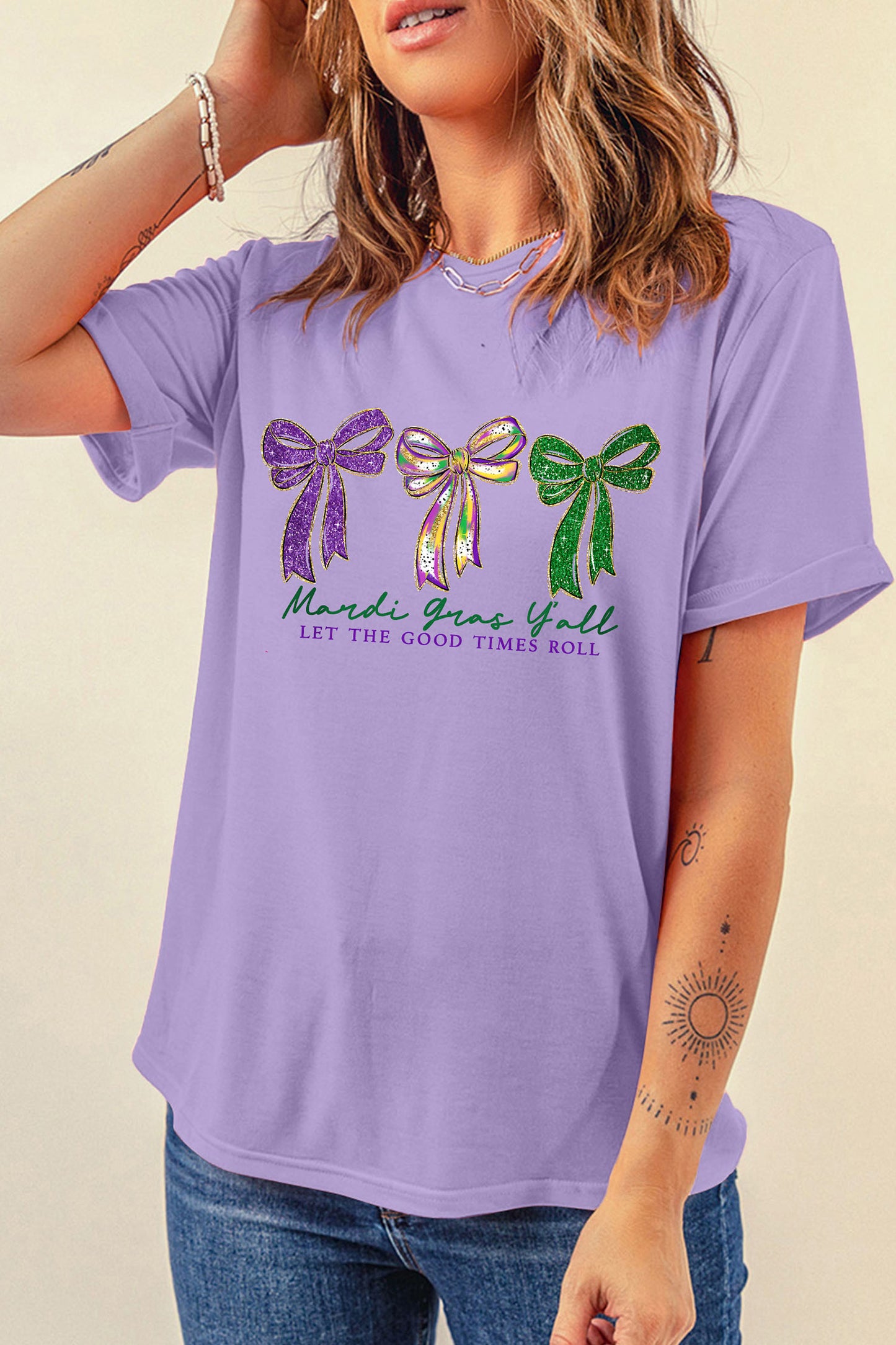 Wisteria Mardi Gras Ribbon Bow Slogan Printed Casual T Shirt