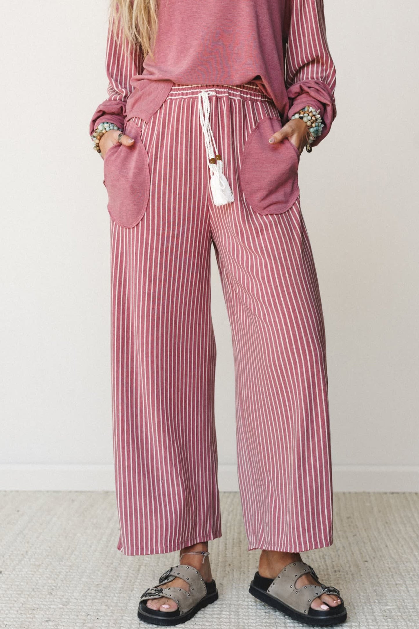 Fushia Raw Seam Patchwork Long Sleeve Top Pocket Casual Pants 2pcs Set