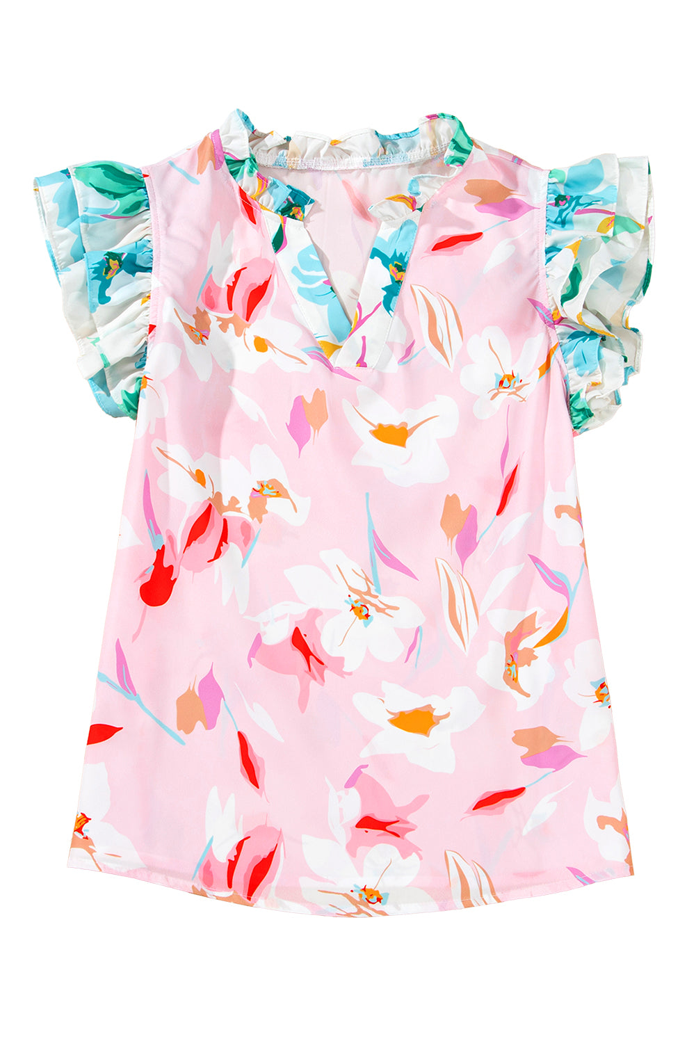 Multicolour Contrast Floral Patchwork Notched Neck Flutter Sleeve Blouse