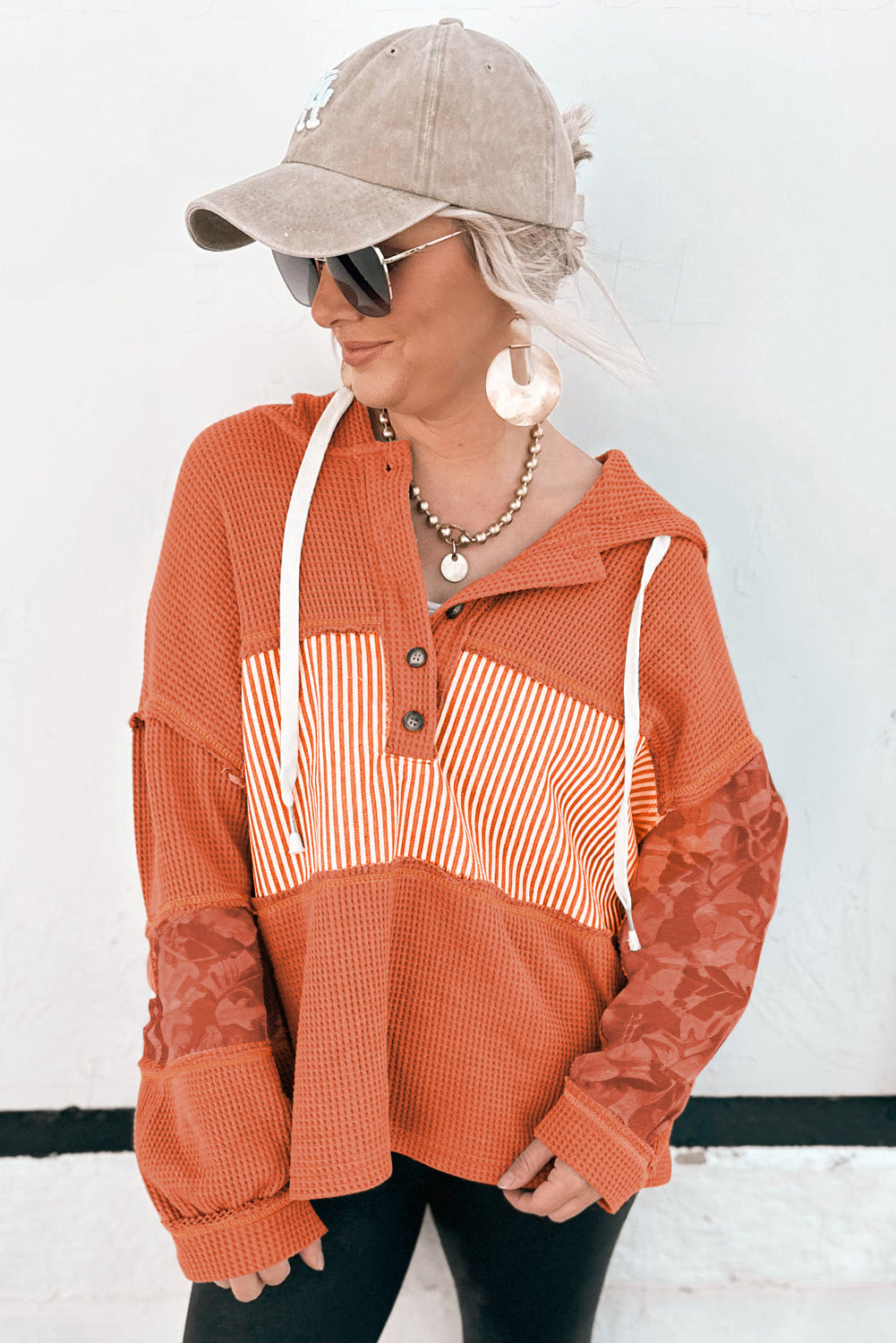 Cinnamon Striped Waffle Patchwork Drawstring Hooded Long Sleeve Top