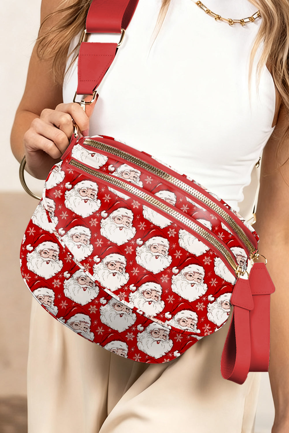 White HO HO HO Print Double Zip Crossbody Bag