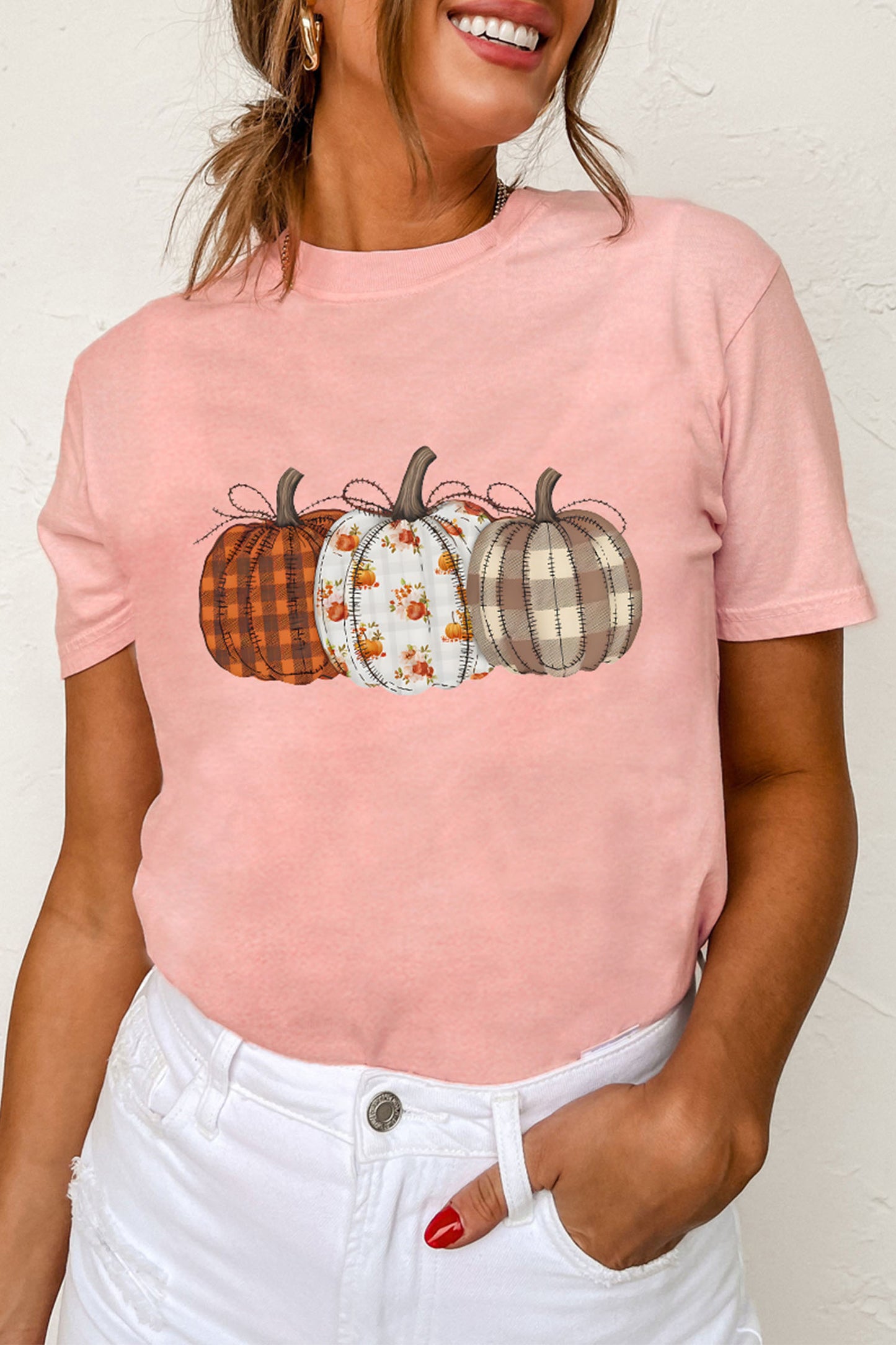 Pink Mix Pattern Pumpkin Print Round Neck T Shirt