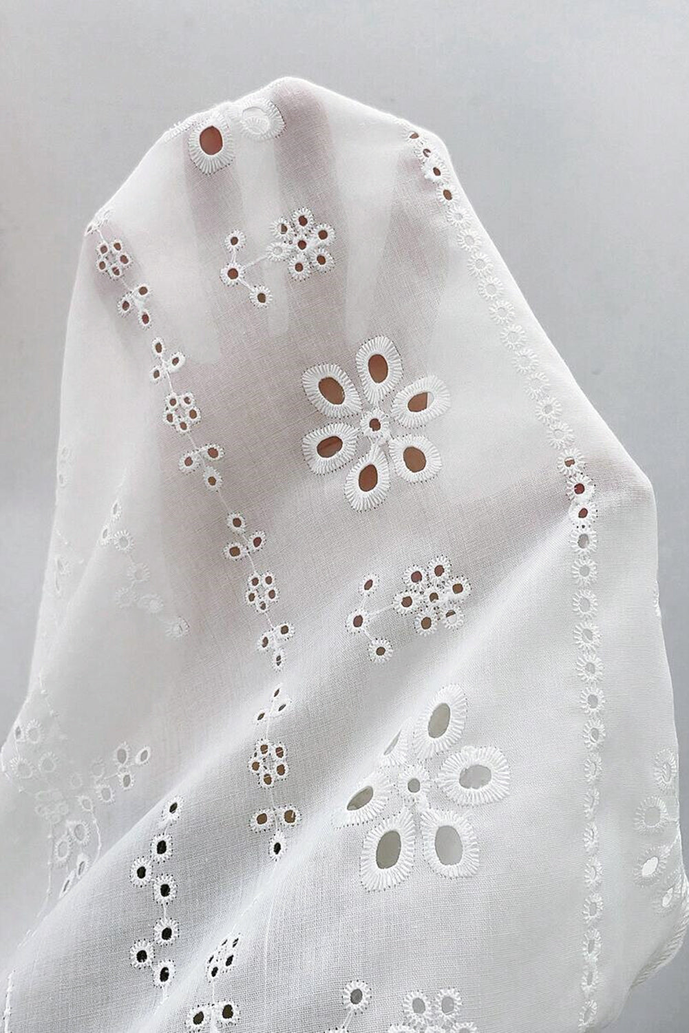 White Eyelet Embroidered Smocked Cuffs Blouse