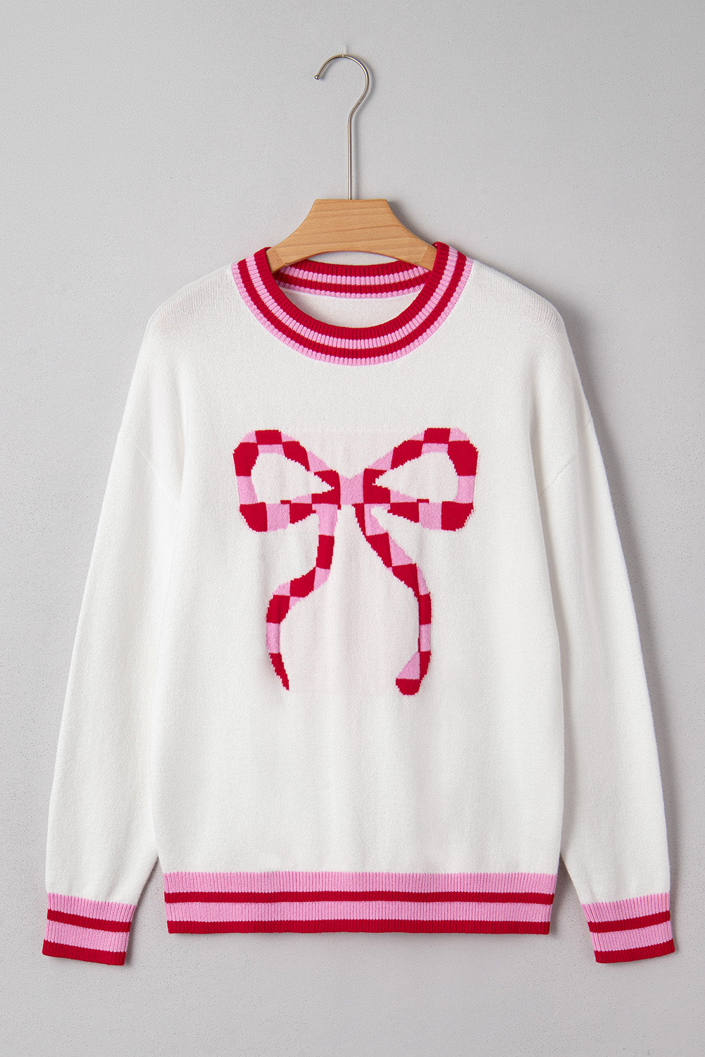 White Striped Trim Bow Graphic Round Neck Drop Shoulder Sweater
