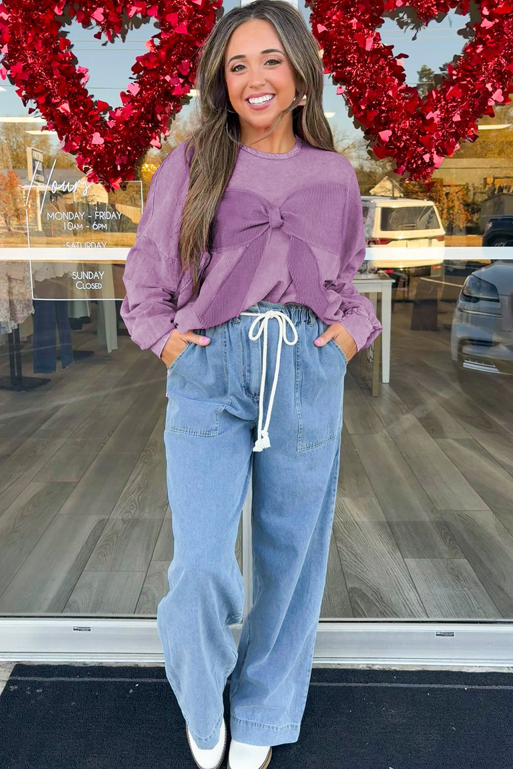 Orchid Bouquet Mineral Wash Waffle Bow Patched Pullover Sweatshirt