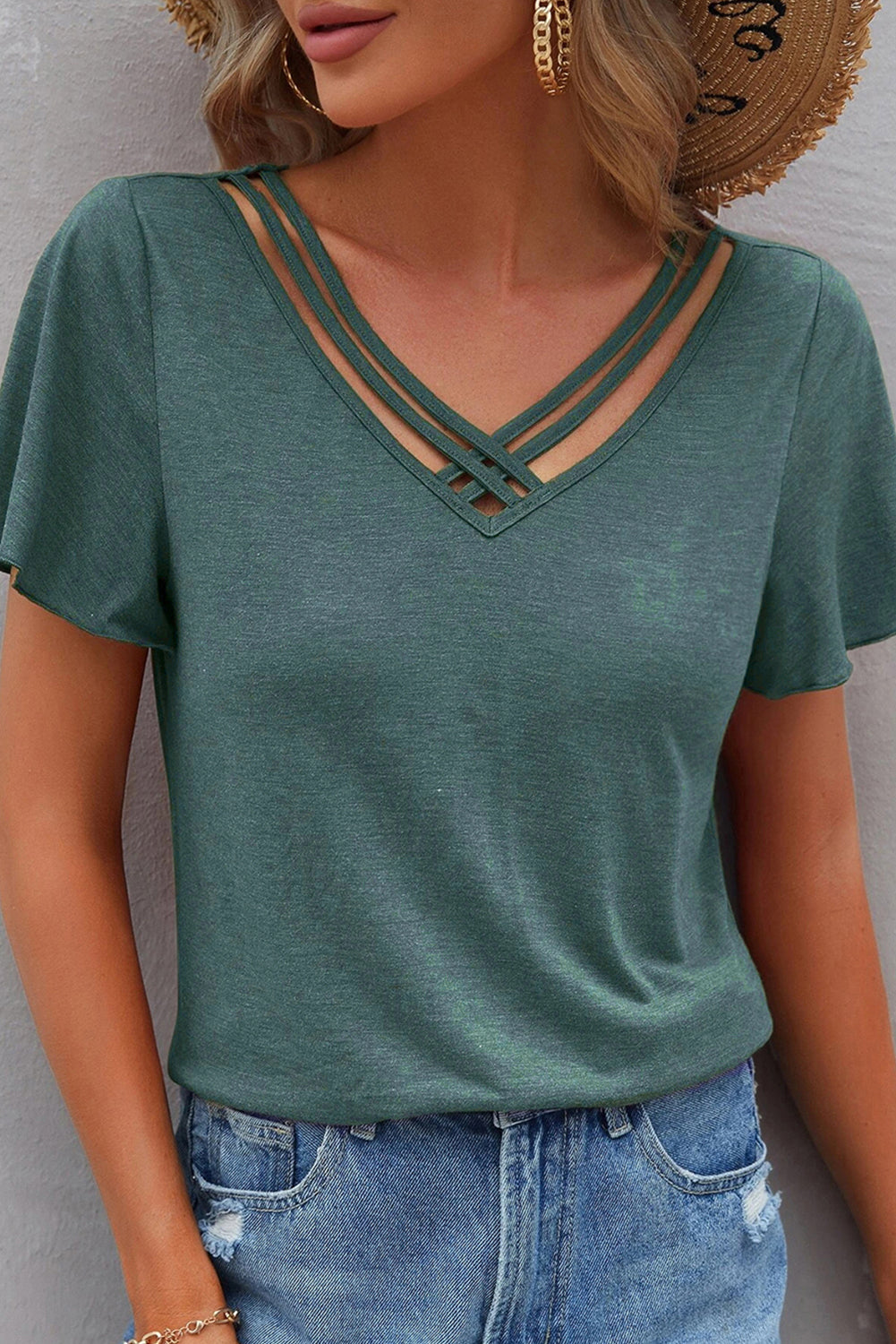 Mist Green Crisscross V Neck Butterfly Sleeve T Shirt