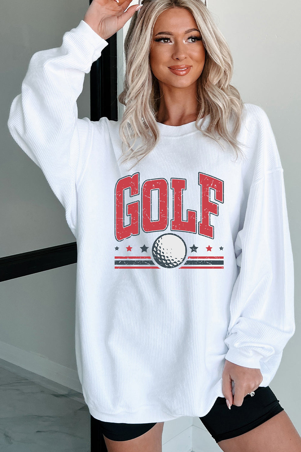 White GOLF Ball Heat Transfer Printing Ribbed Sweatshirt