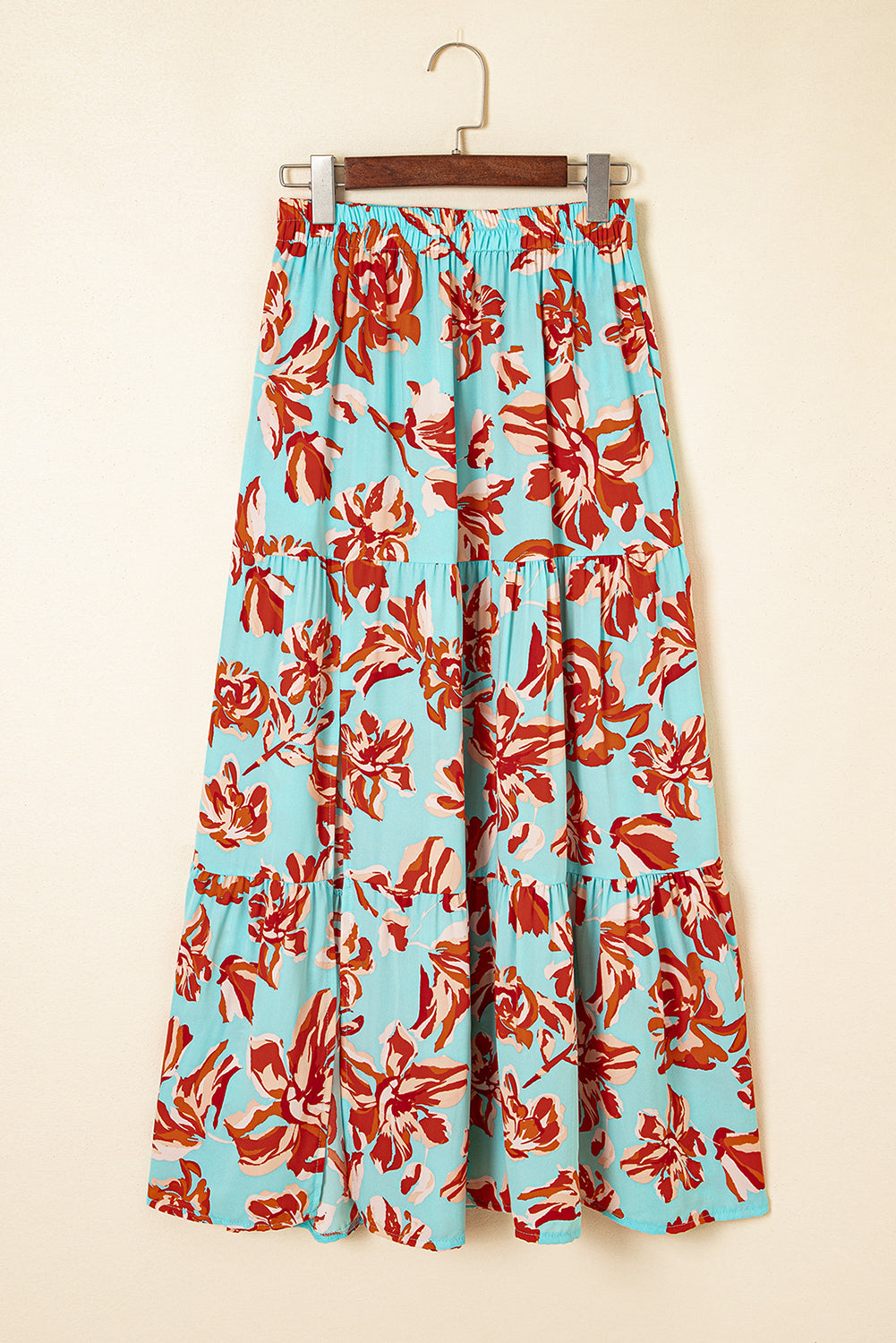 Blue Bohemian Floral Print Tiered Maxi Skirt with Split