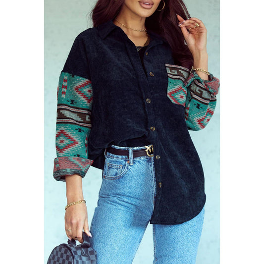 Pocketed Geometric Collared Neck Shacket Polyester Womenswear