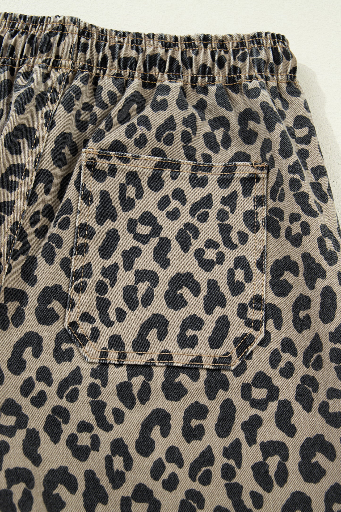 Khaki Leopard Print Drawstring Elastic Waist Loose Denim Pants with Pockets