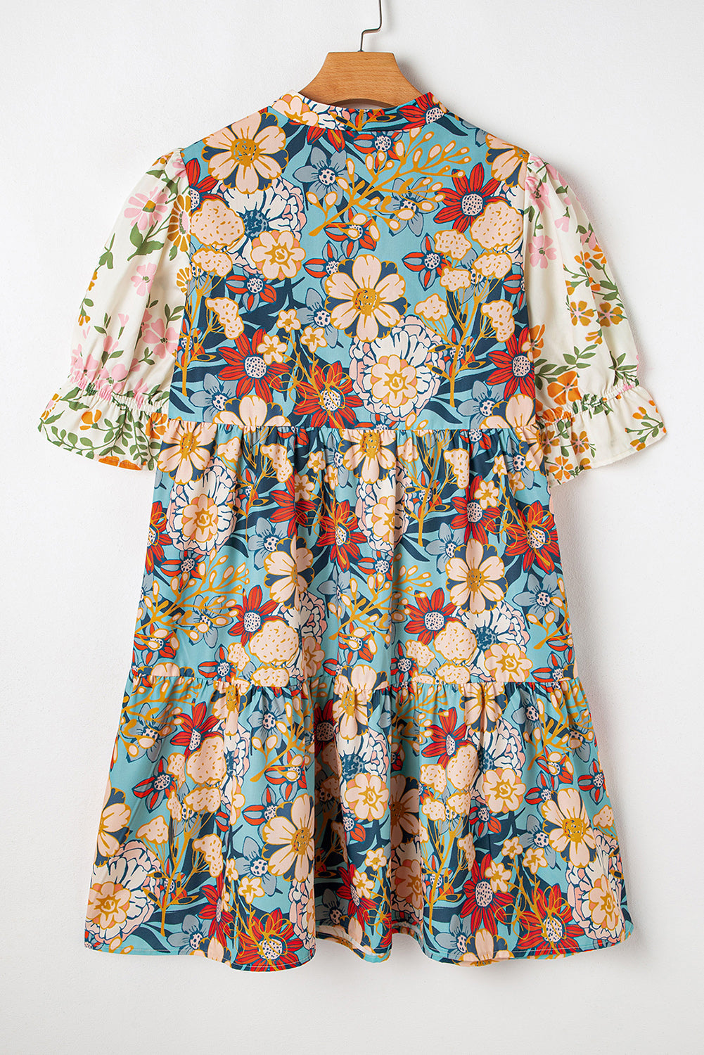 Multicolour Boho Floral Print Crochet Patchwork V Neck Loose Mini Dress