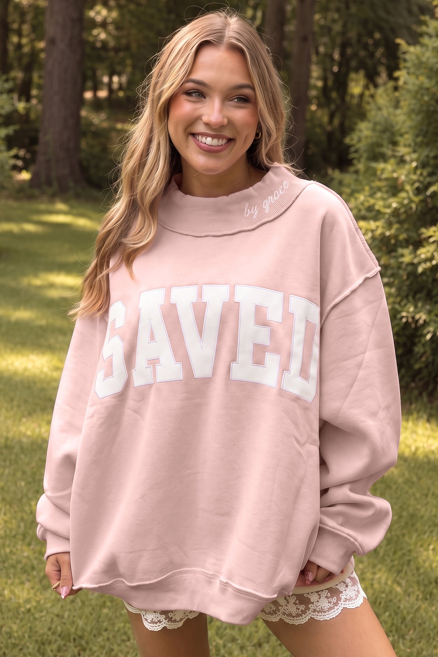 Pink Saved By Grace Embroidered Detail Letter Graphic High Neck Sweatshirt