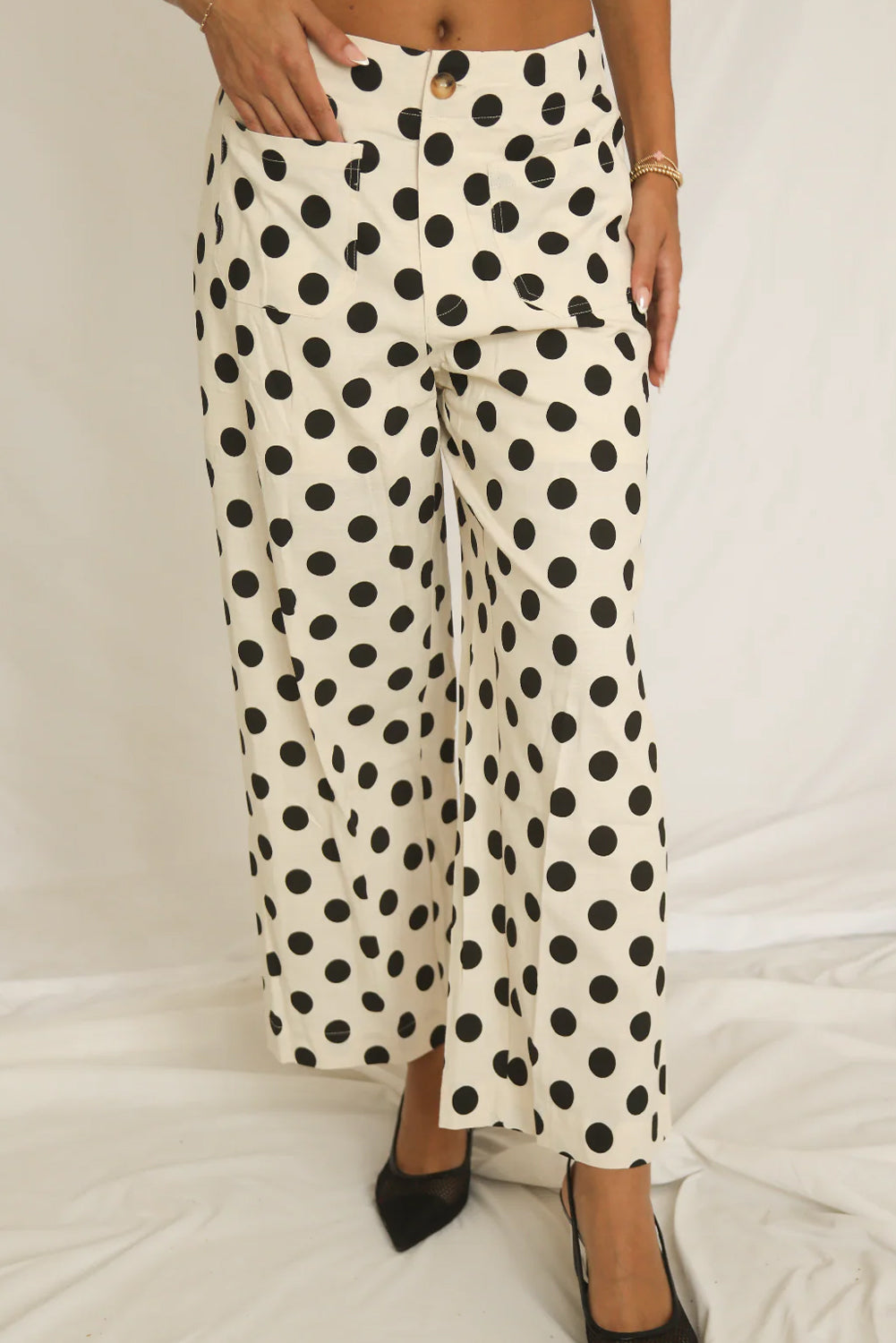 White Polka Dot Print Patched Pocket Loose Pants