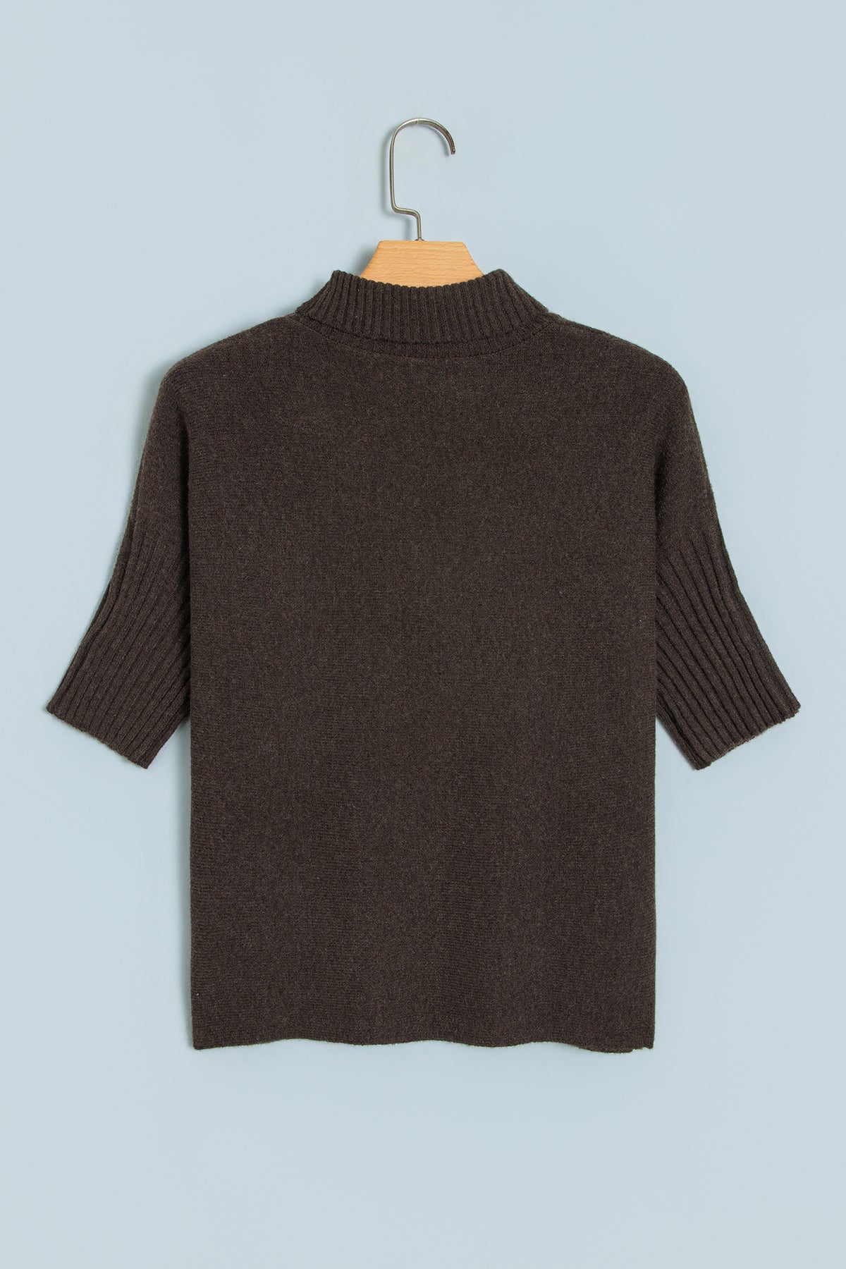 Burgundy Ribbed Trim High Neck Short Sleeve Casual Sweater