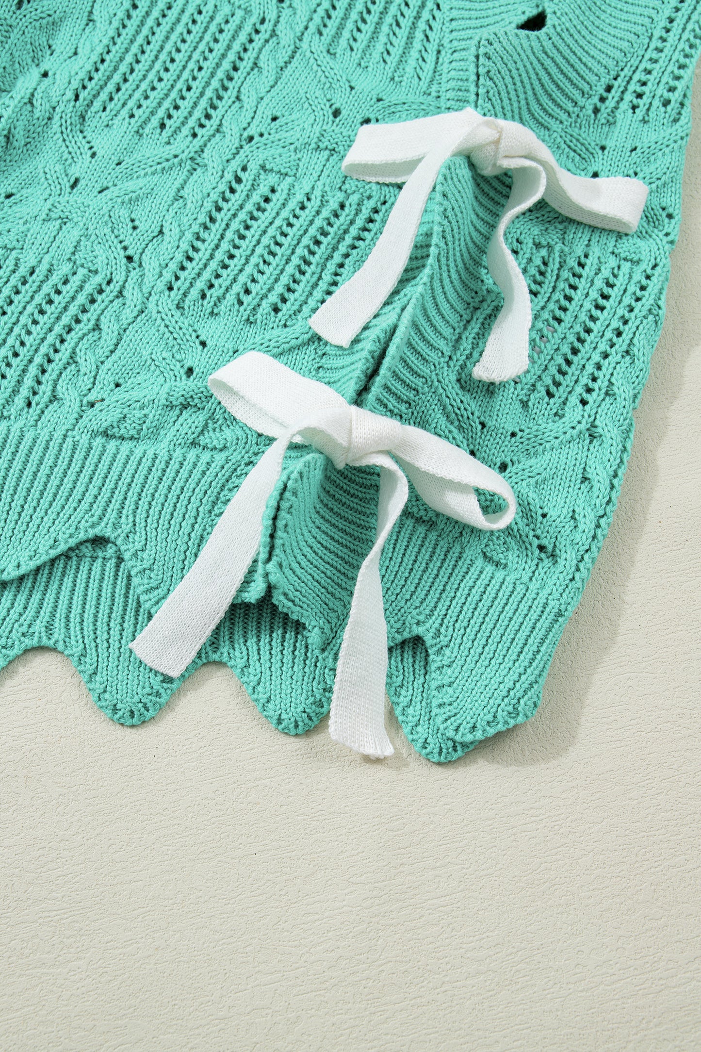 Mint Green Pointelle Knit Patterned Scalloped Trim Short Sleeve Sweater