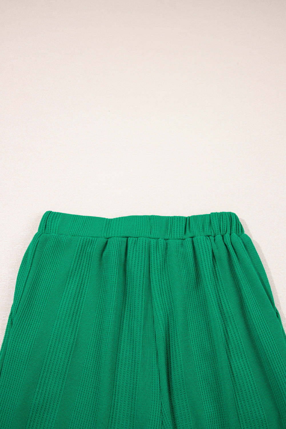 Green Solid Color Ribbed Ruffle Tank Top and Pants Set