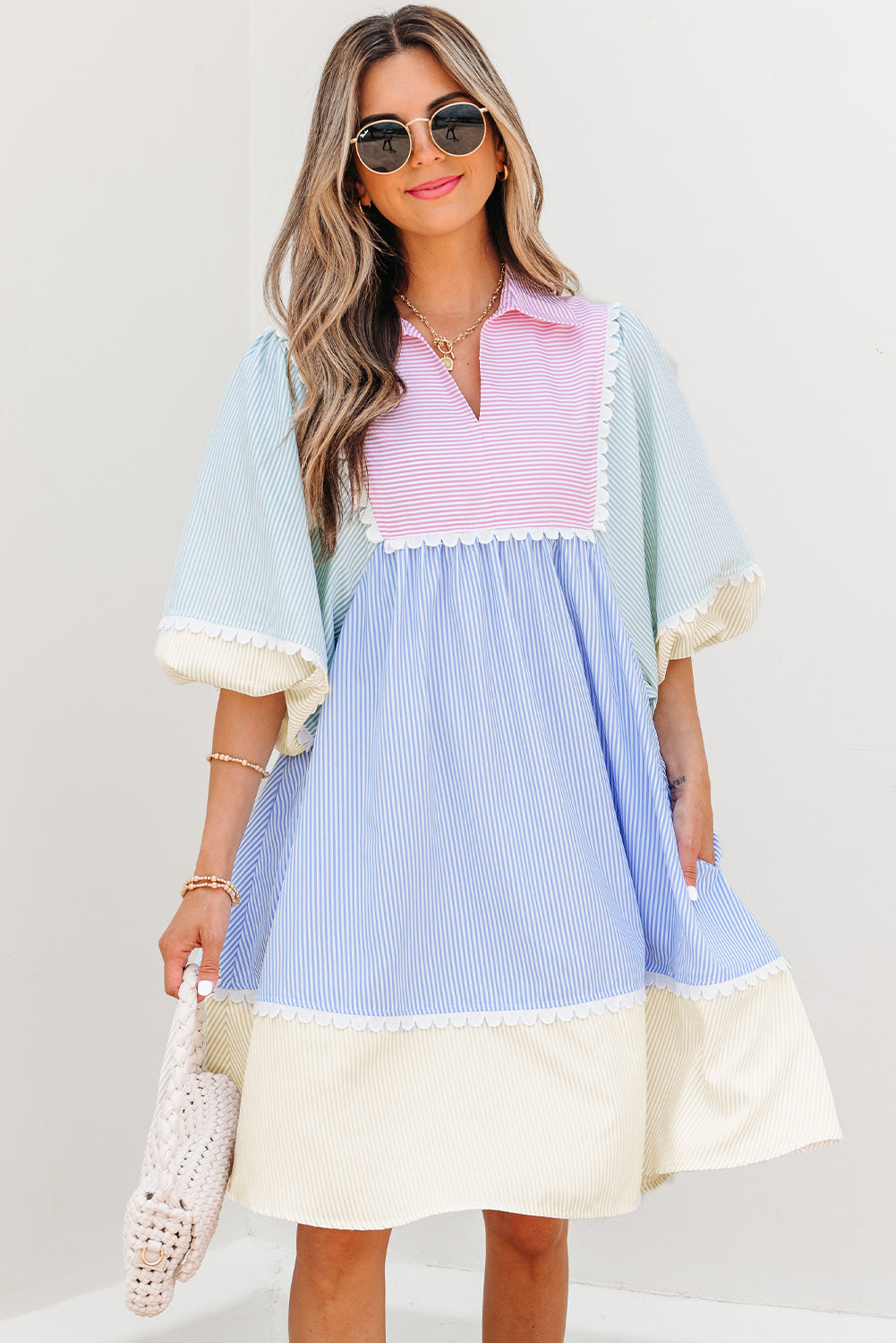 Multicolour Striped Patchwork Ric Rac Puff Sleeve Collared Mini Dress