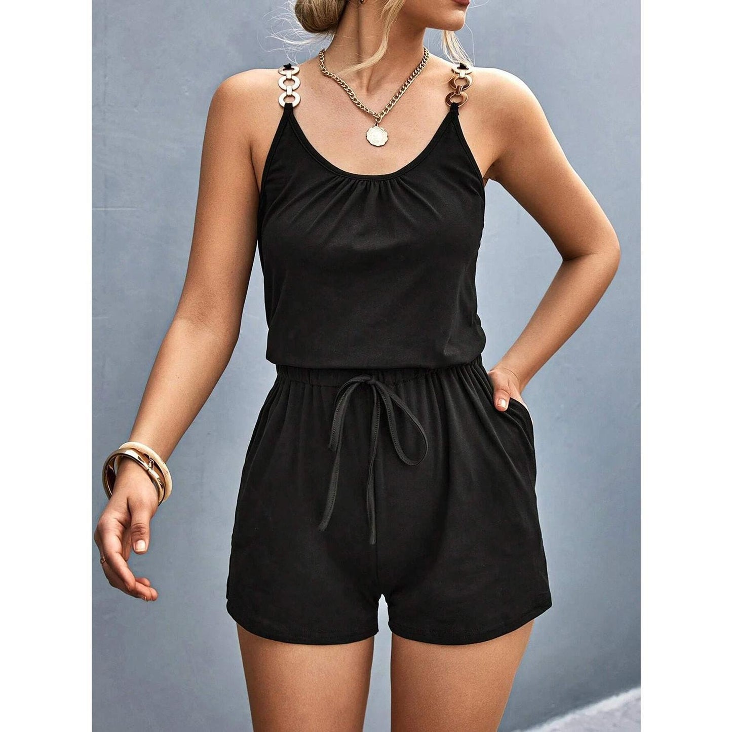 Pocketed Buckle Trim Scoop Neck Romper
