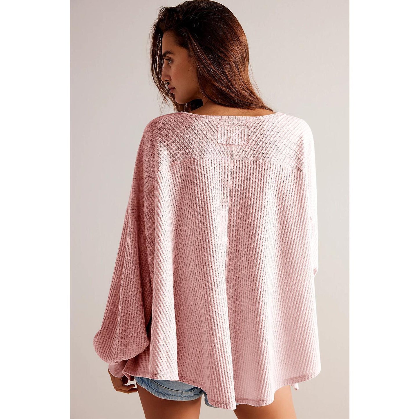 Light Pink Waffle V Neck Long Sleeve Drop Shoulder Loose Blouse Shirts Top