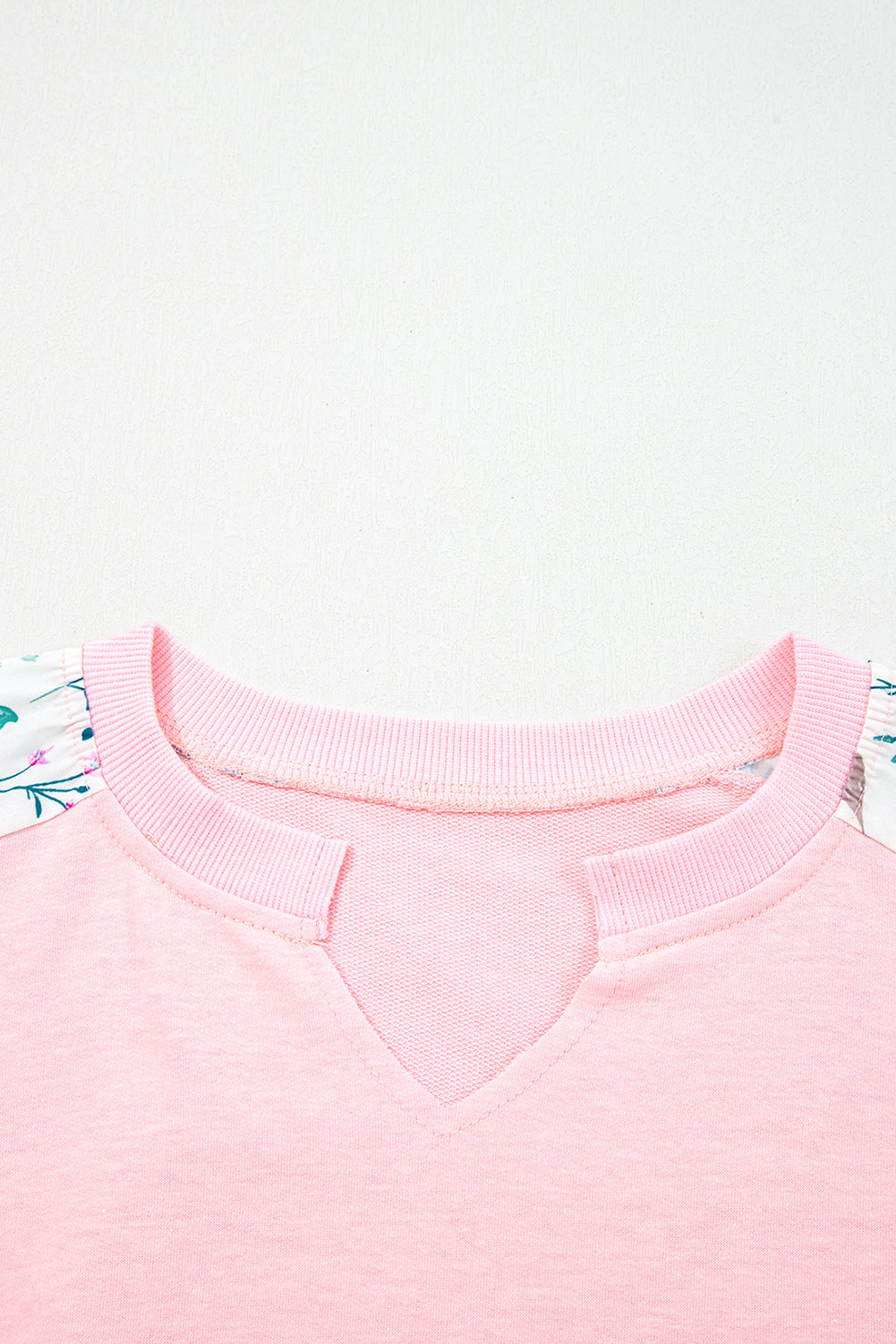 White Floral Colorblock Patchwork Notched Neck Long Sleeve Top