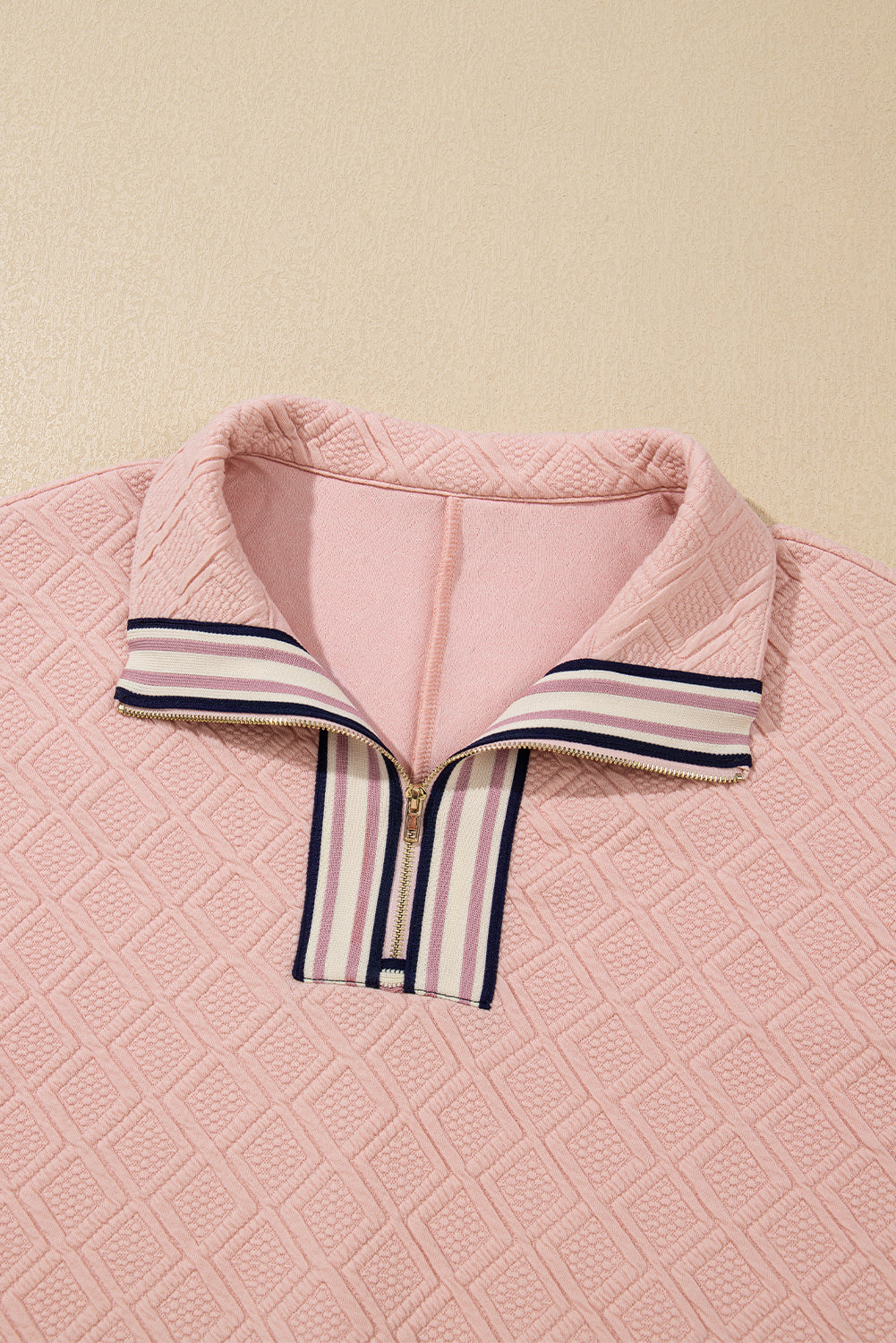 Light Pink Striped Collared Zip up Textured Skirt Set