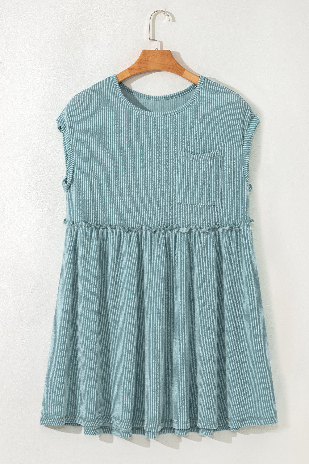 Canton Corded Knit Textured Patched Pocket Frilled Swing Mini Dress with Pockets