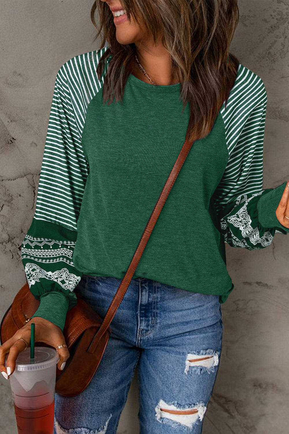 Tillandsia Purple Contrast Print Striped Raglan Long Sleeve Loose Top