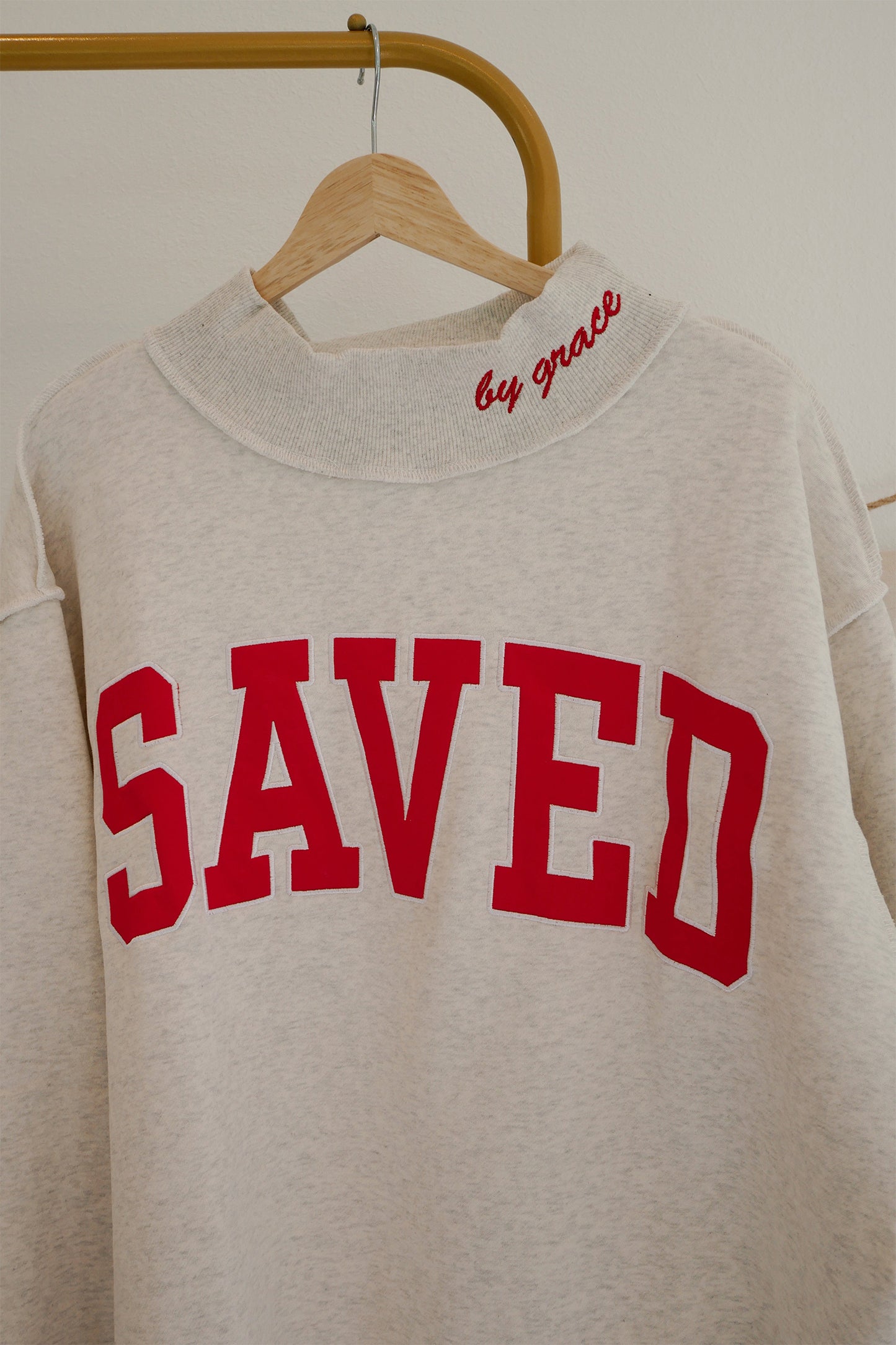 Pink Saved By Grace Embroidered Detail Letter Graphic High Neck Sweatshirt