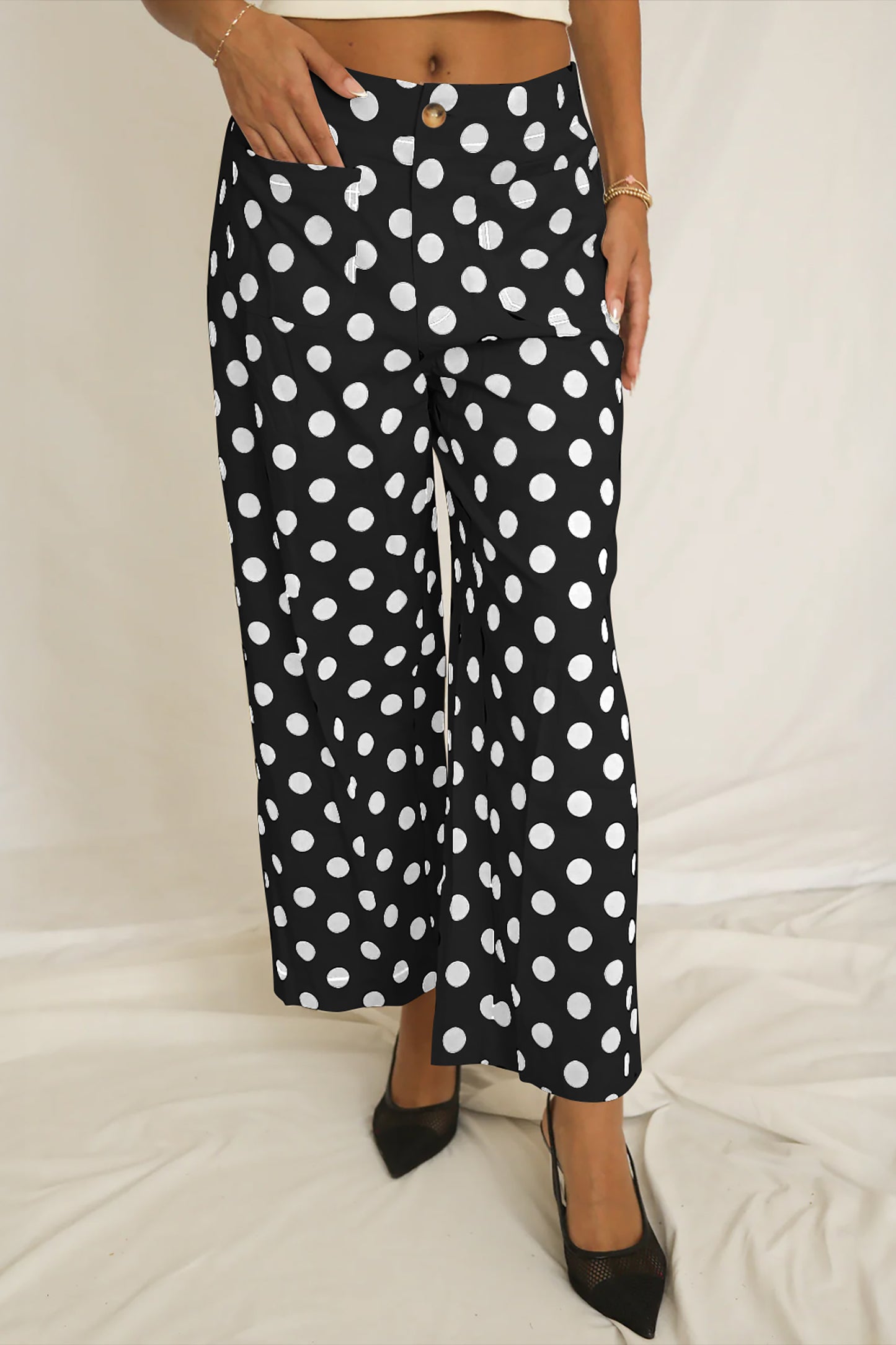 White Polka Dot Print Patched Pocket Loose Pants