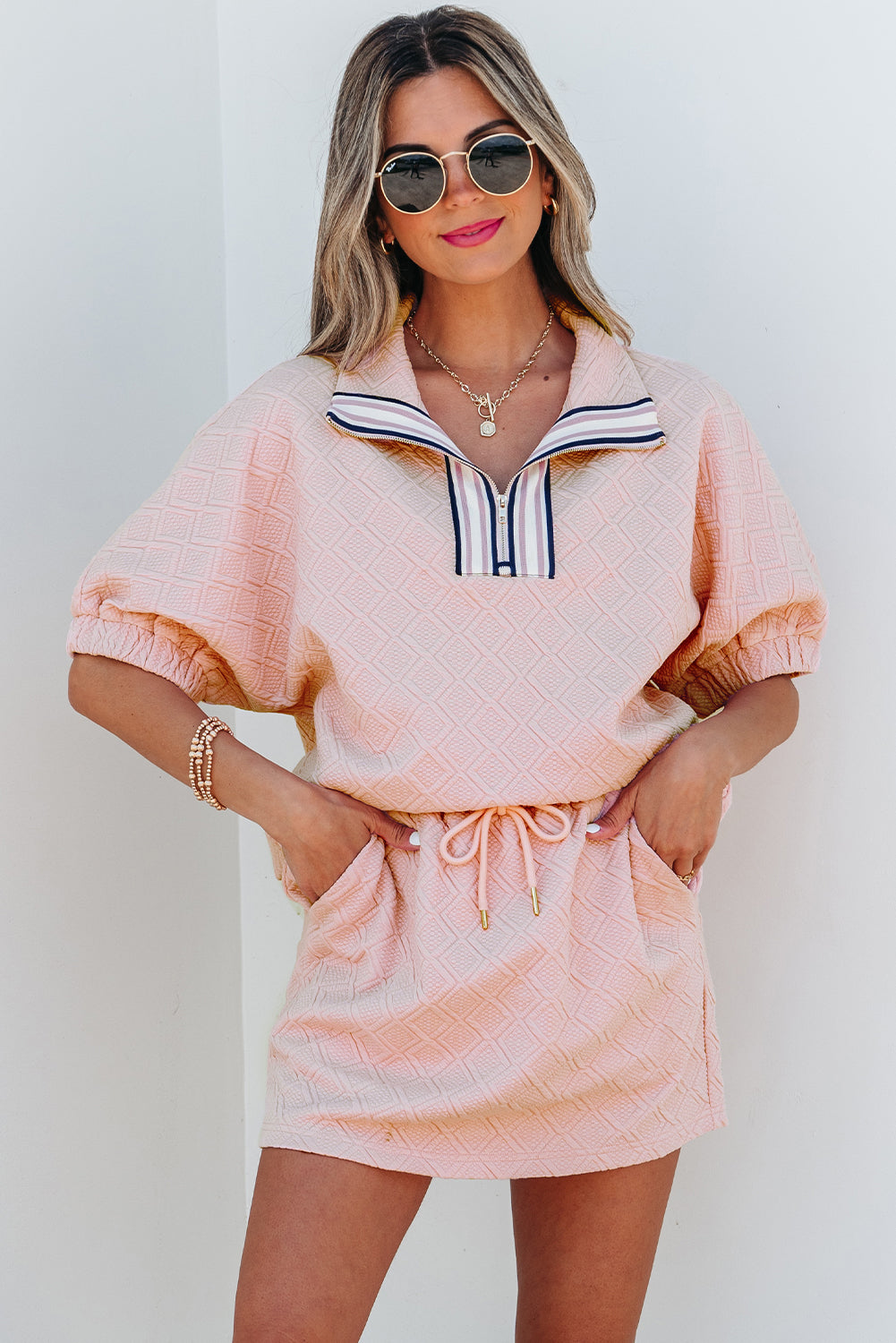 Light Pink Striped Collared Zip up Textured Skirt Set