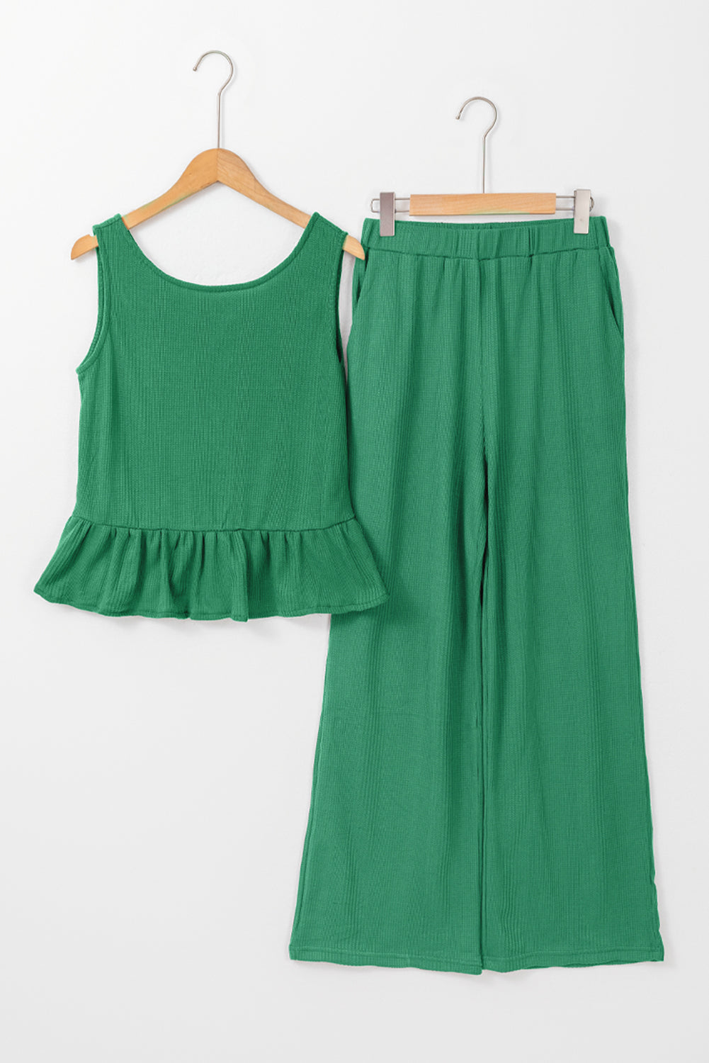 Green Solid Color Ribbed Ruffle Tank Top and Pants Set