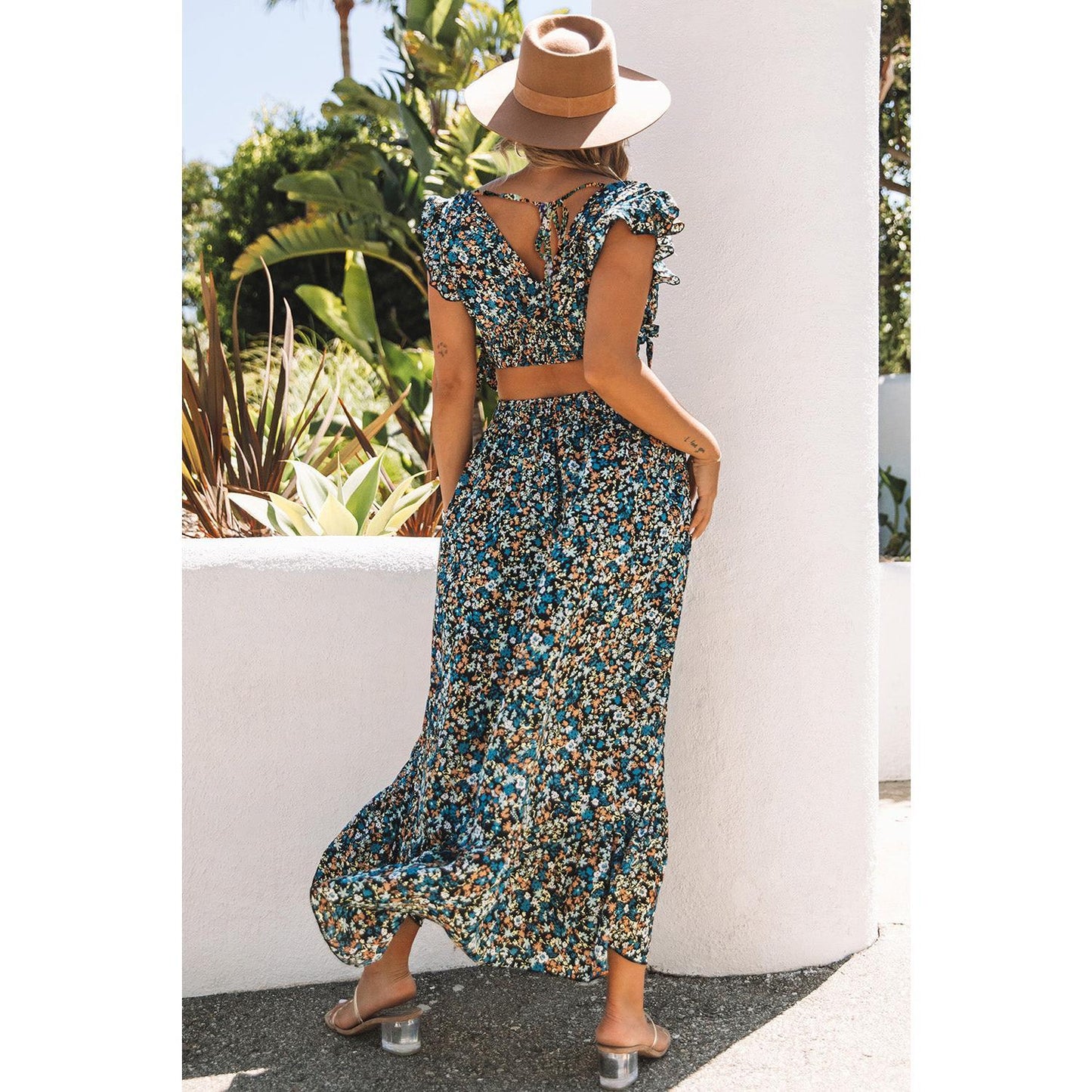 Multicolor Floral Ruffled Crop Top and Maxi Skirt Set