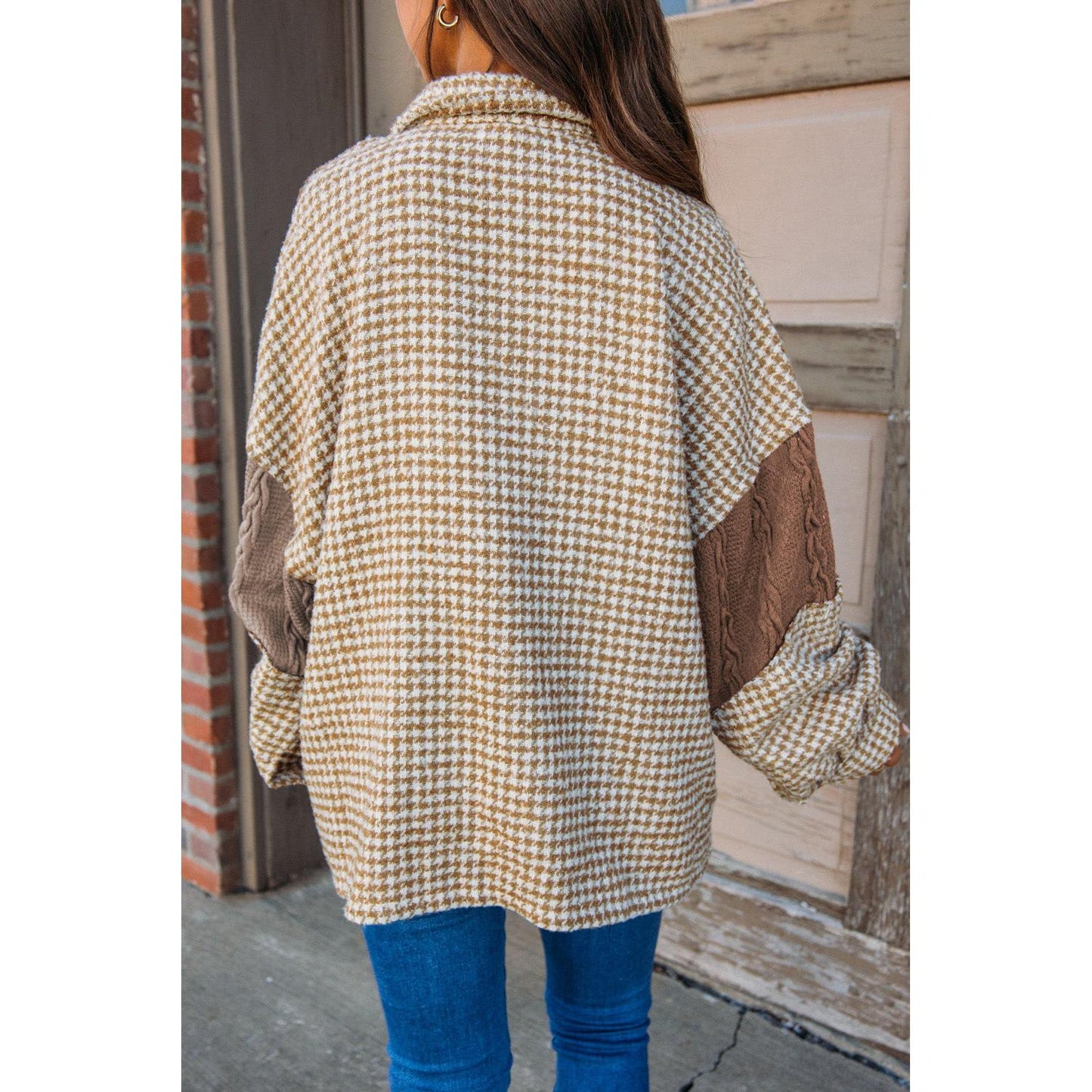 Pink Houndstooth Textured Patchwork Loose Shacket