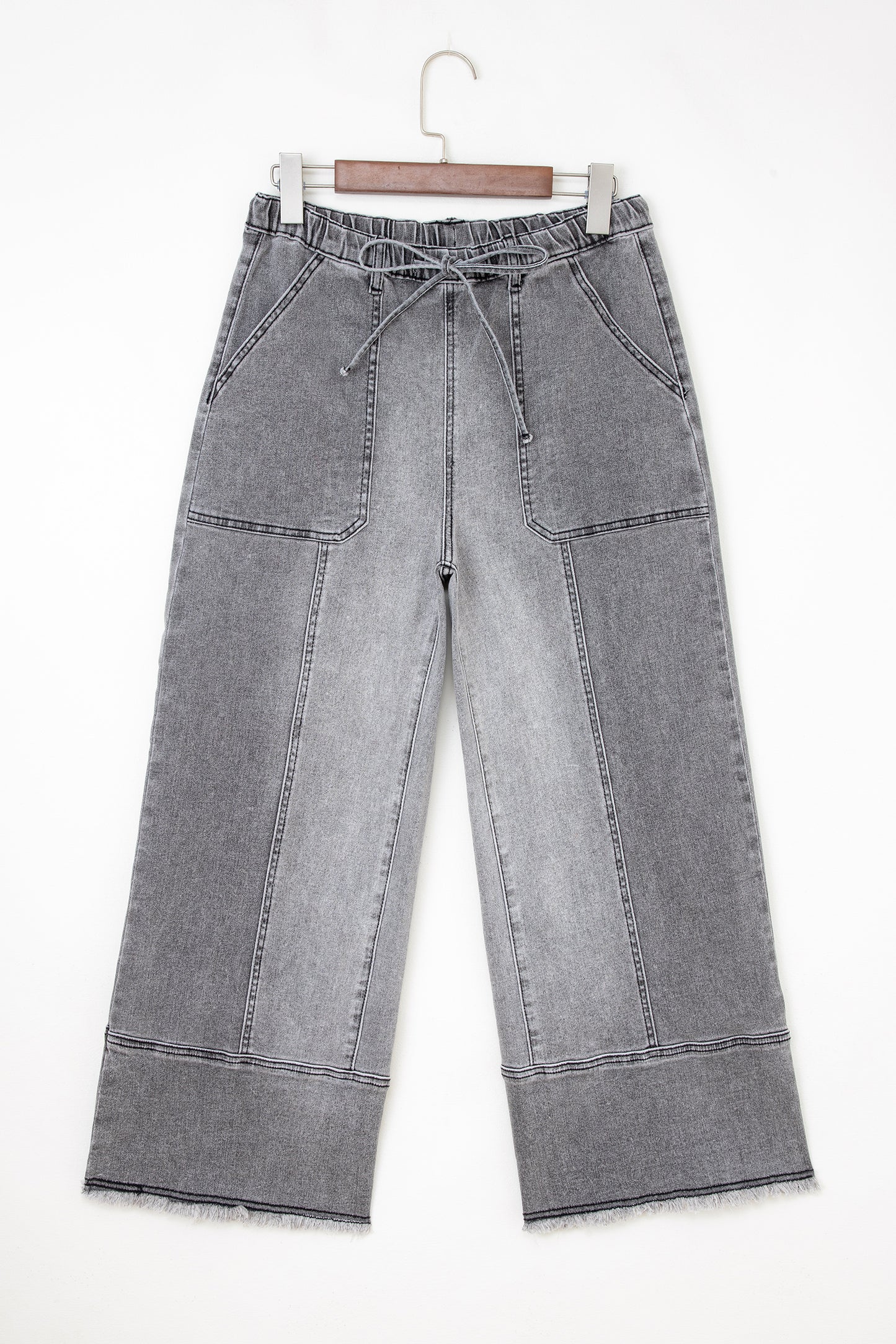 Prussian Blue Drawstring Seam Detail Raw Hem Wide Leg Denim Pants